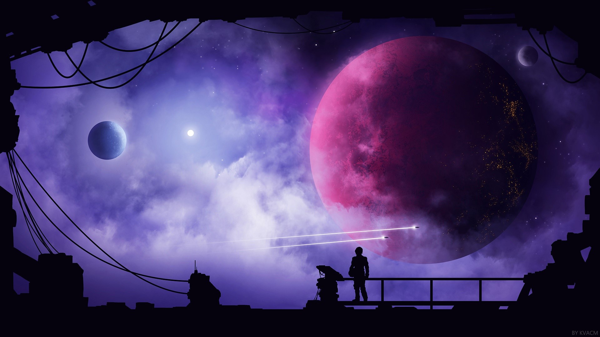 Sci-fi space art with planets and spacecraft HD Wallpaper
