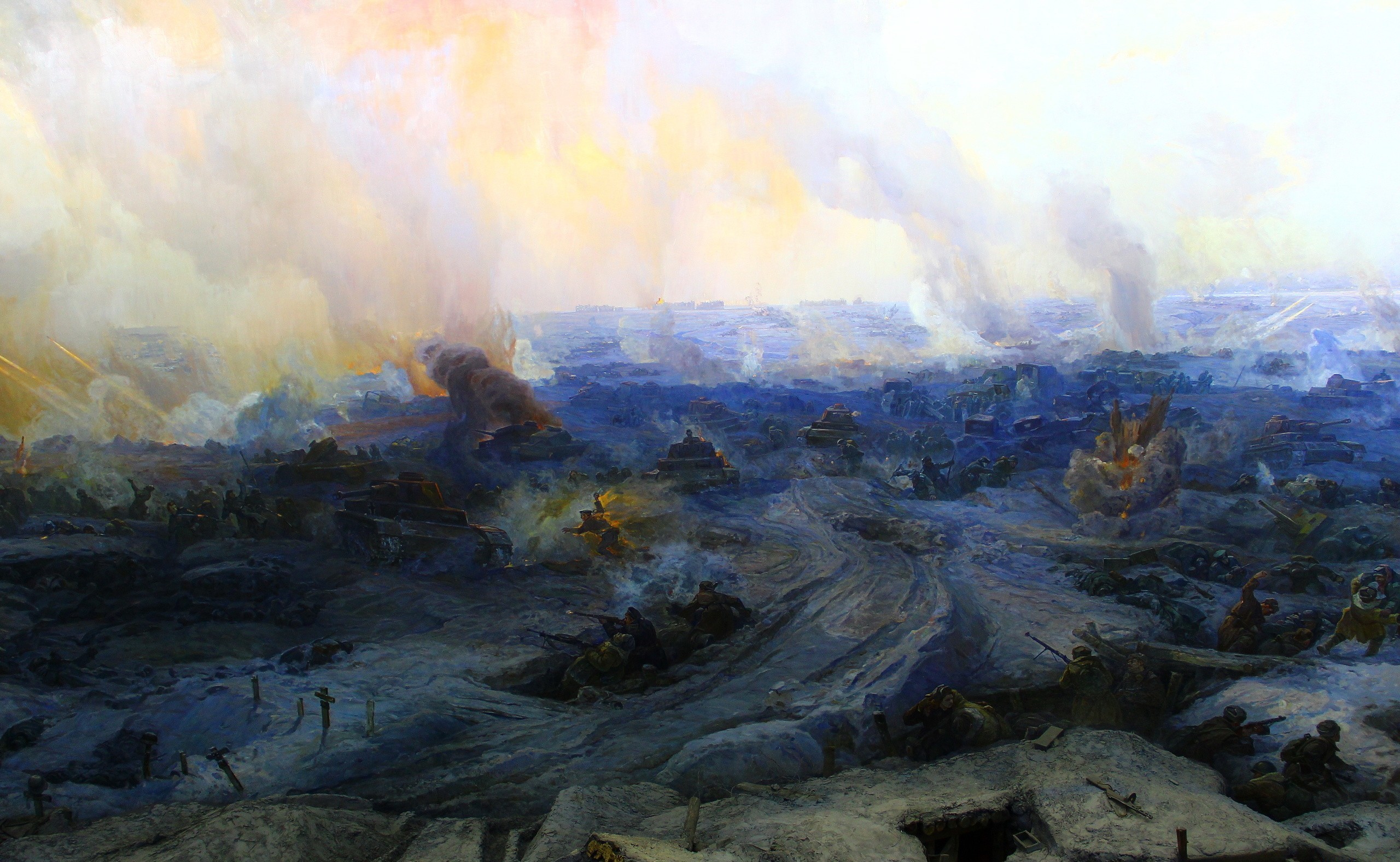 Artwork depicting a World War II battle scene with tanks and soldiers HD Wallpaper