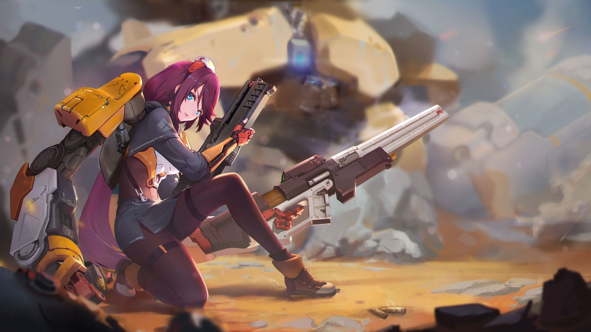 Anime girl with purple hair and blue eyes holding guns HD Wallpaper