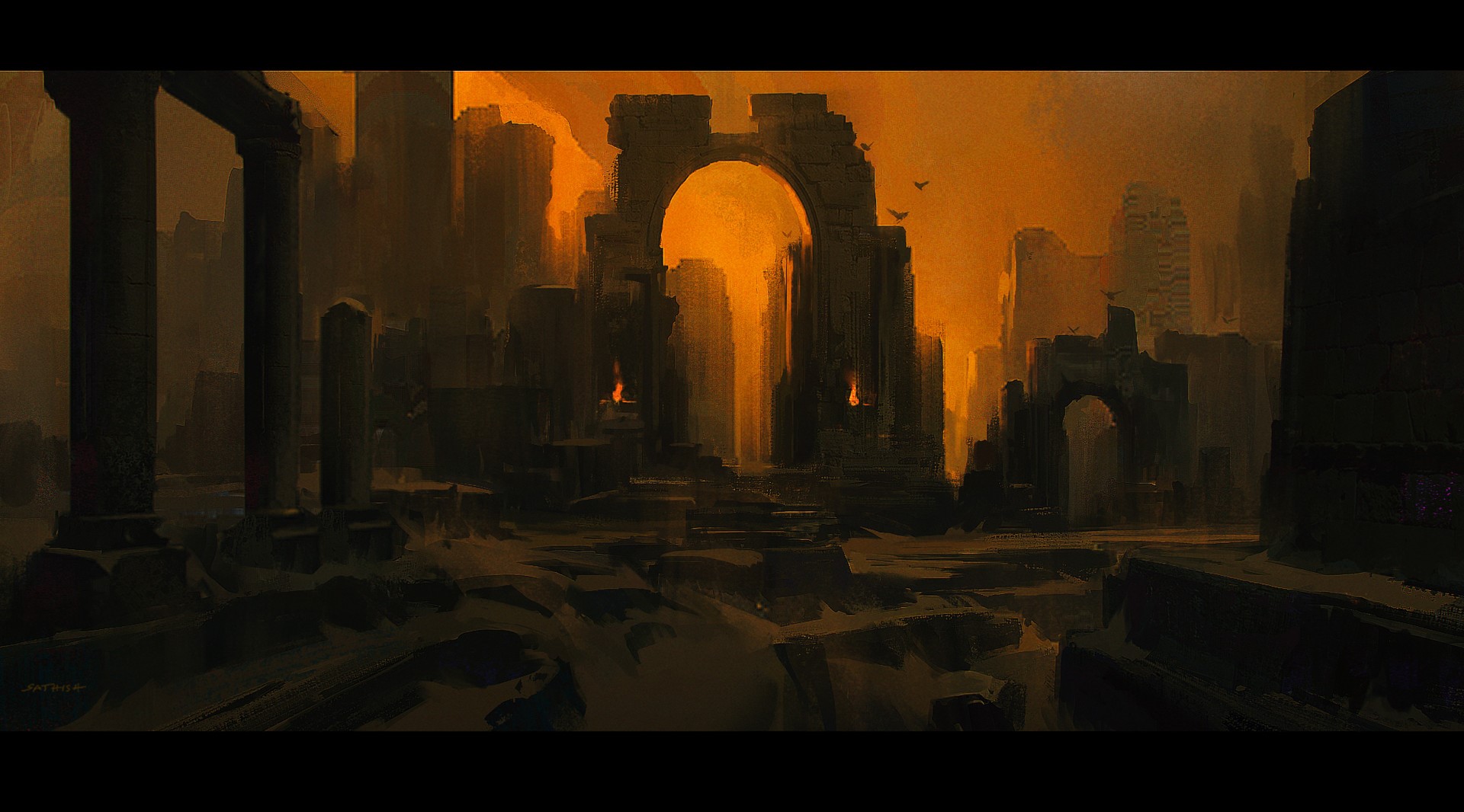 Digital artwork of ancient ruins at sunset HD Wallpaper