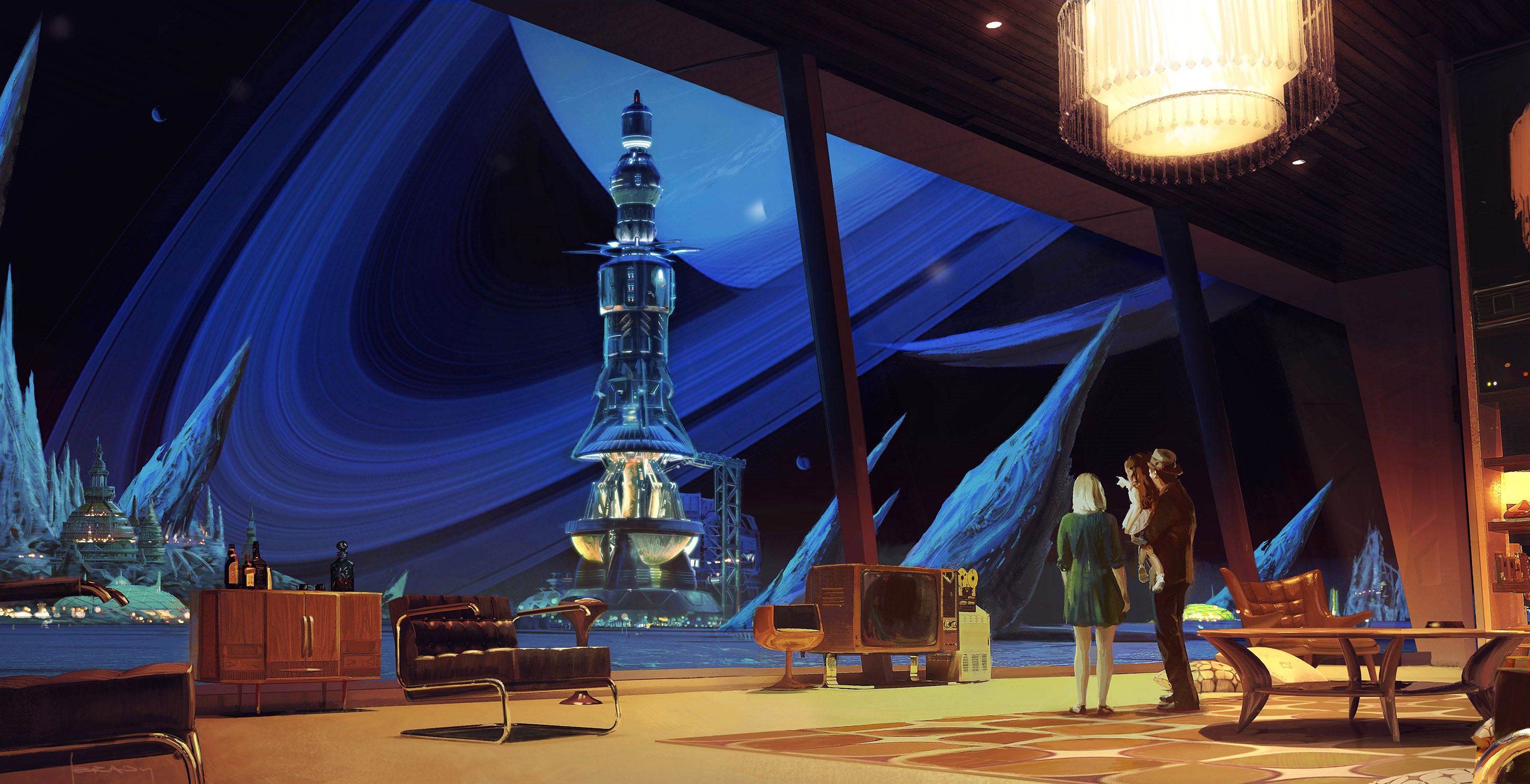 Family in futuristic living room overlooking alien planet with rings HD Wallpaper