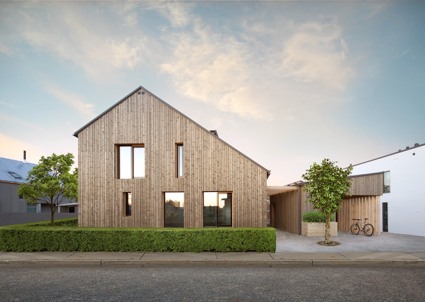 Modern wooden house with bicycle and hedge HD Wallpaper