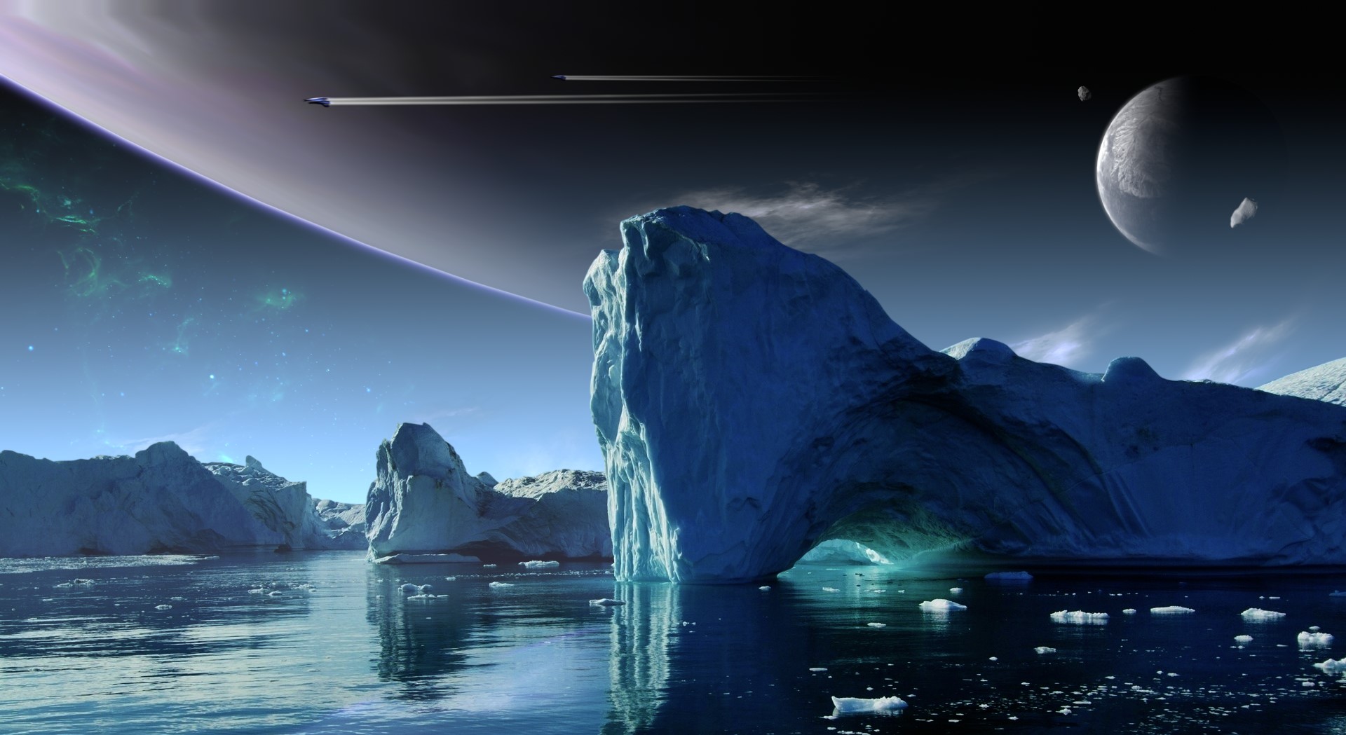 Spaceship near icebergs and planet in space HD Wallpaper