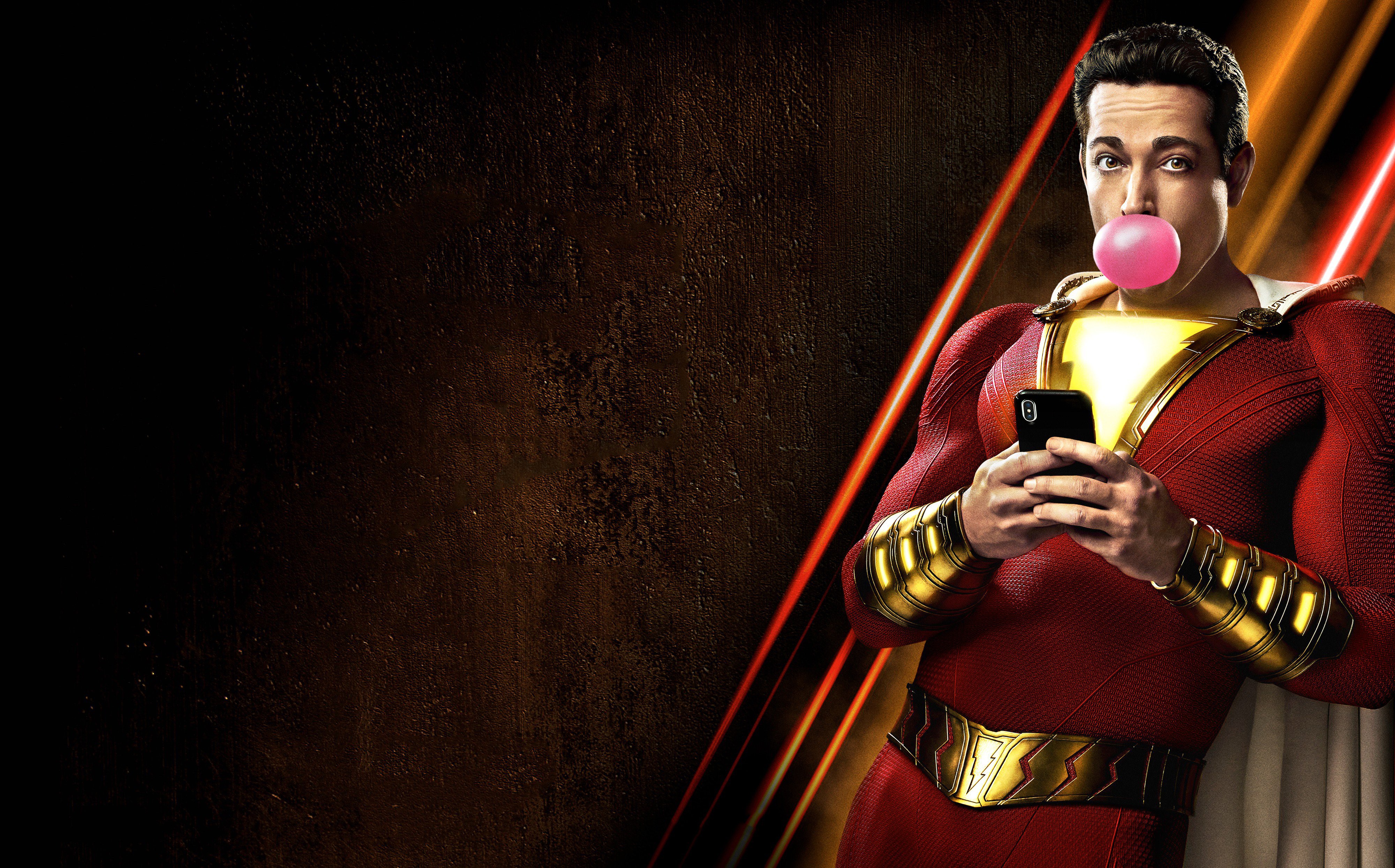 4K Shazam Zachary Levi blowing bubblegum HD Wallpaper