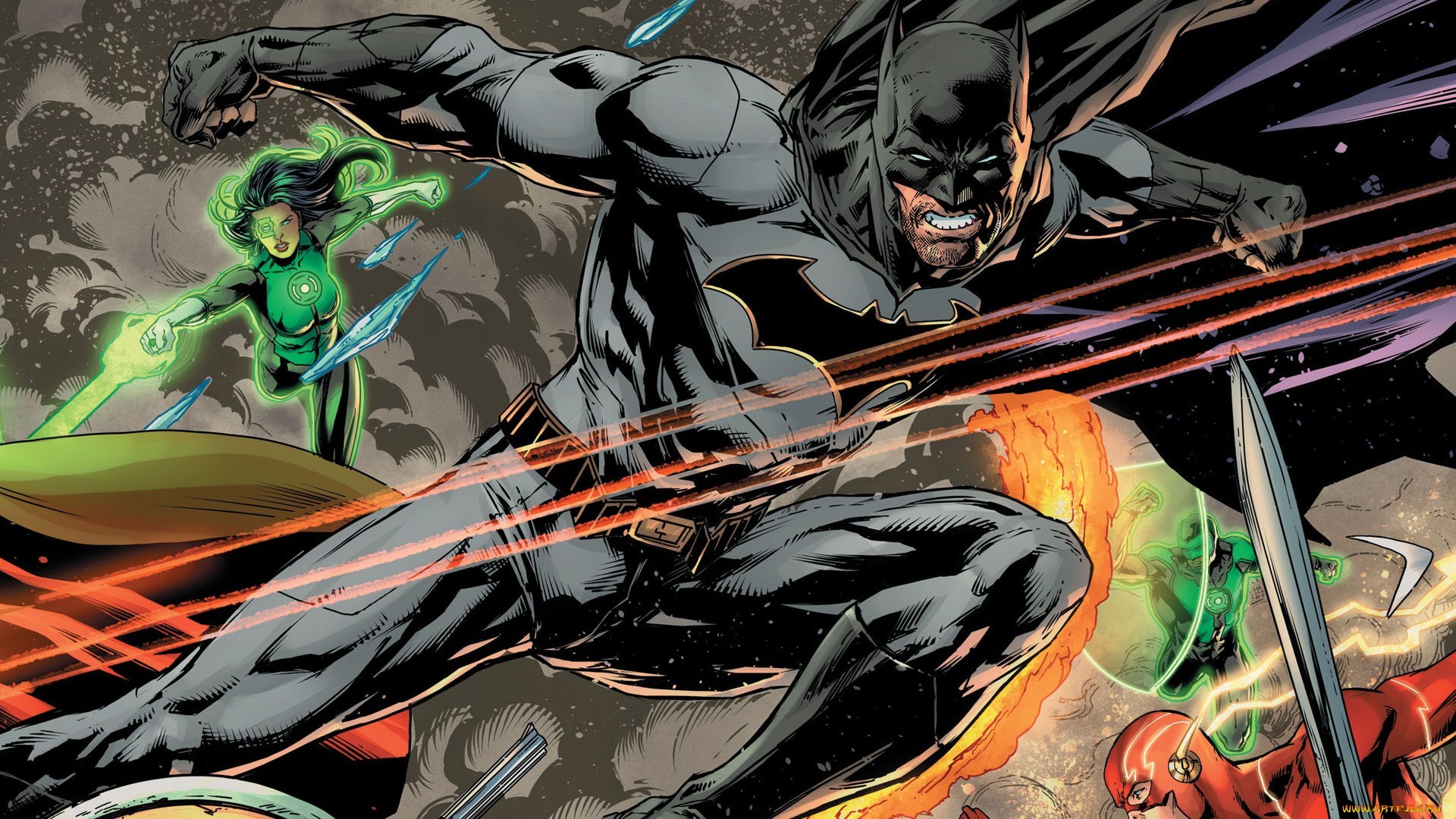 Batman, Green Lantern, and Flash in a comic art battle HD Wallpaper