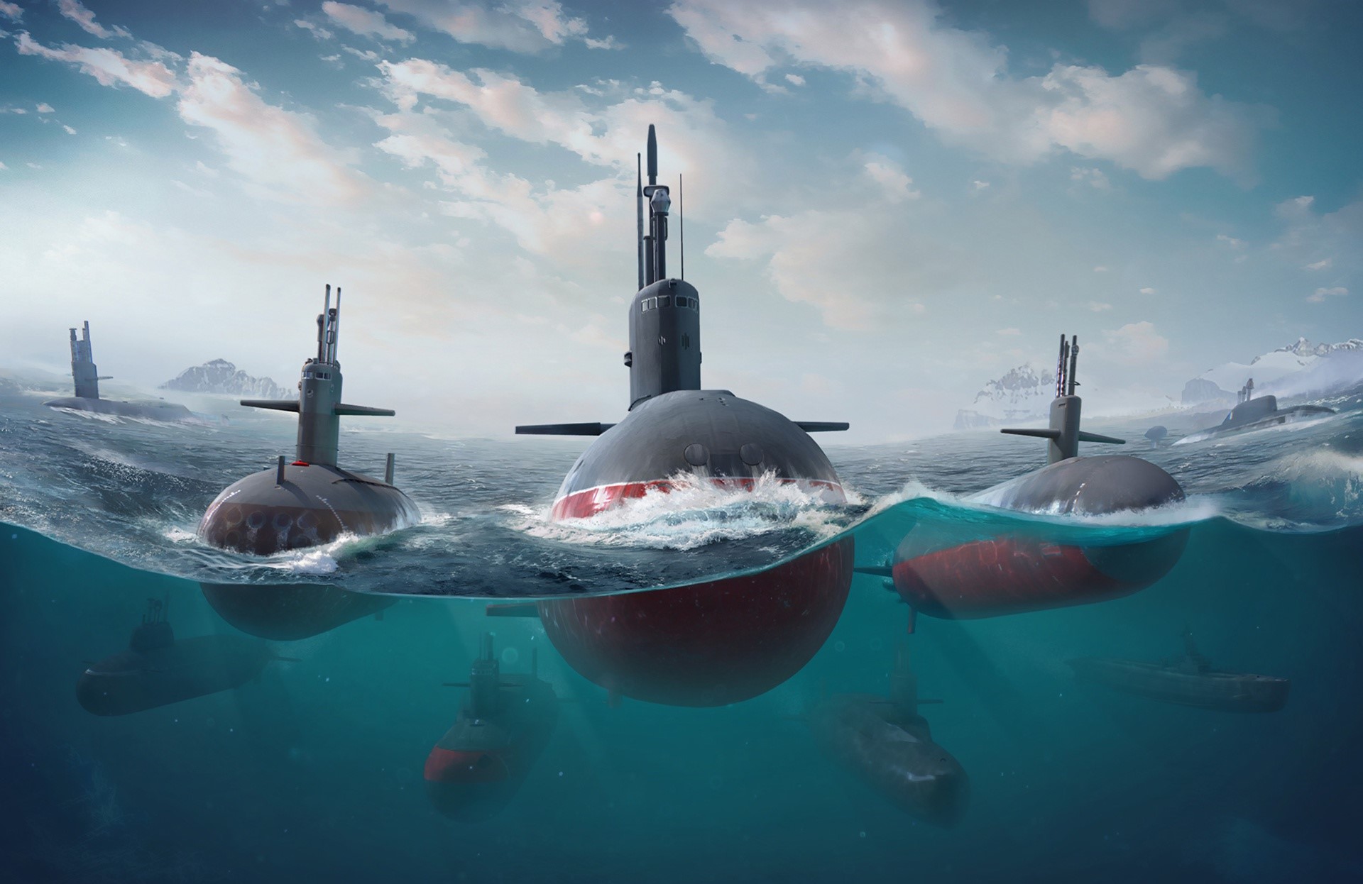 Multiple submarines in the ocean with snowy mountains in the background HD Wallpaper