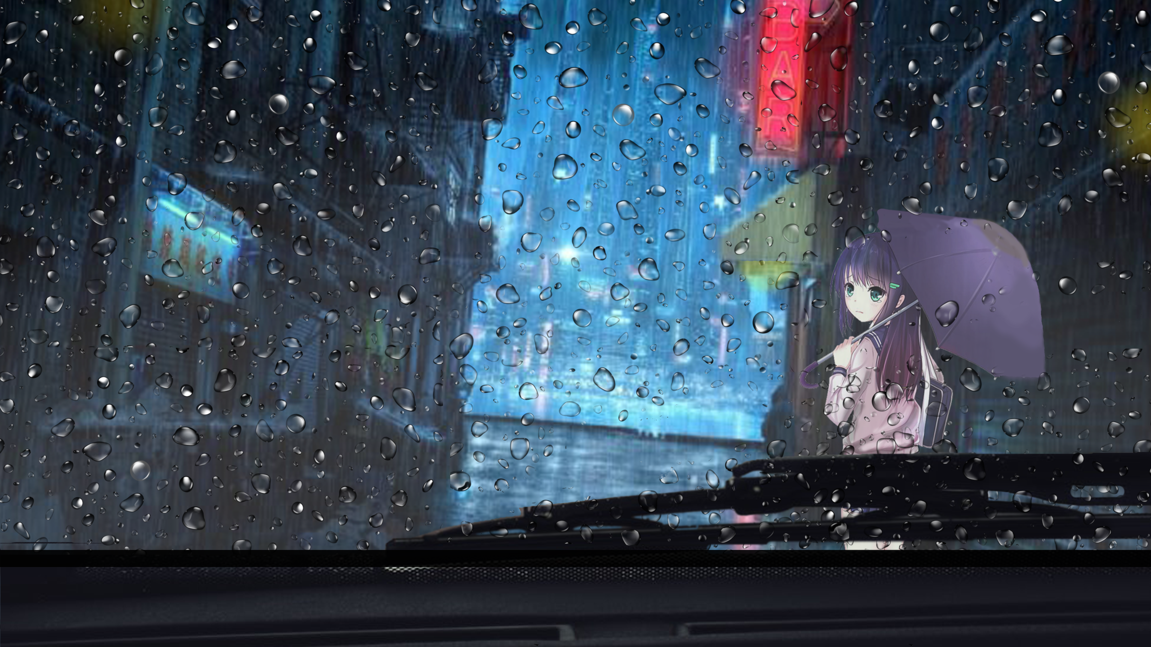 Anime girl with umbrella in rainy city at night HD Wallpaper