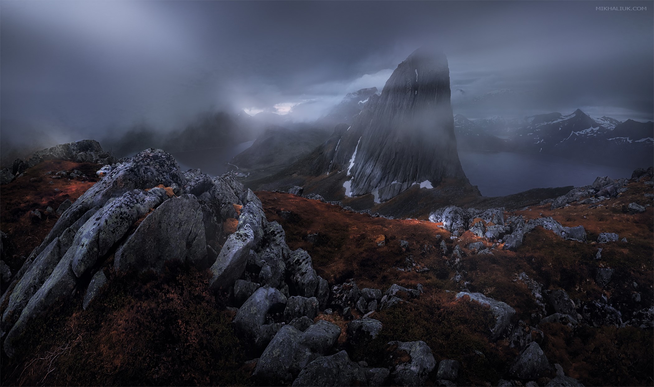 Dark rocky mountain landscape with fog HD Wallpaper
