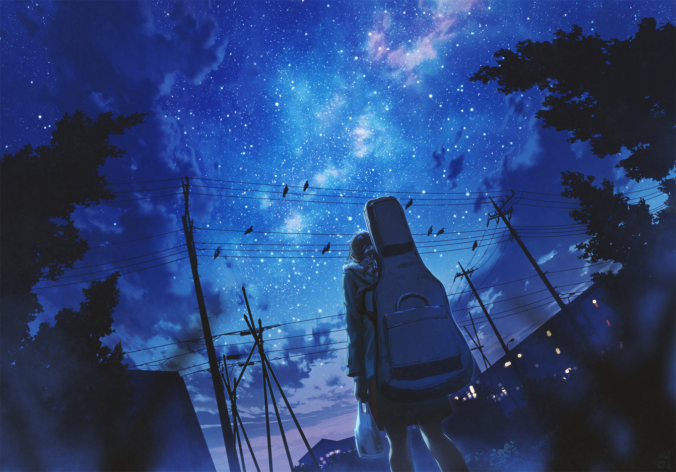 Girl with guitar case under starry night sky HD Wallpaper