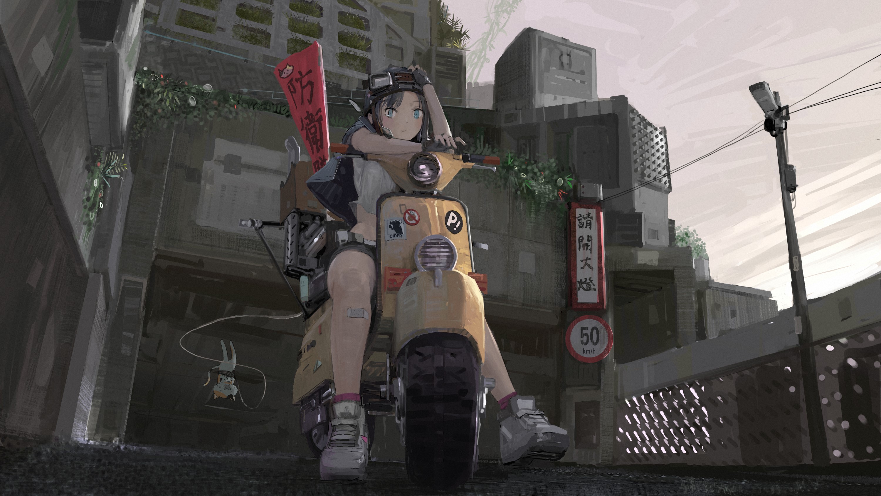 Anime girl on a yellow scooter in a city HD Wallpaper