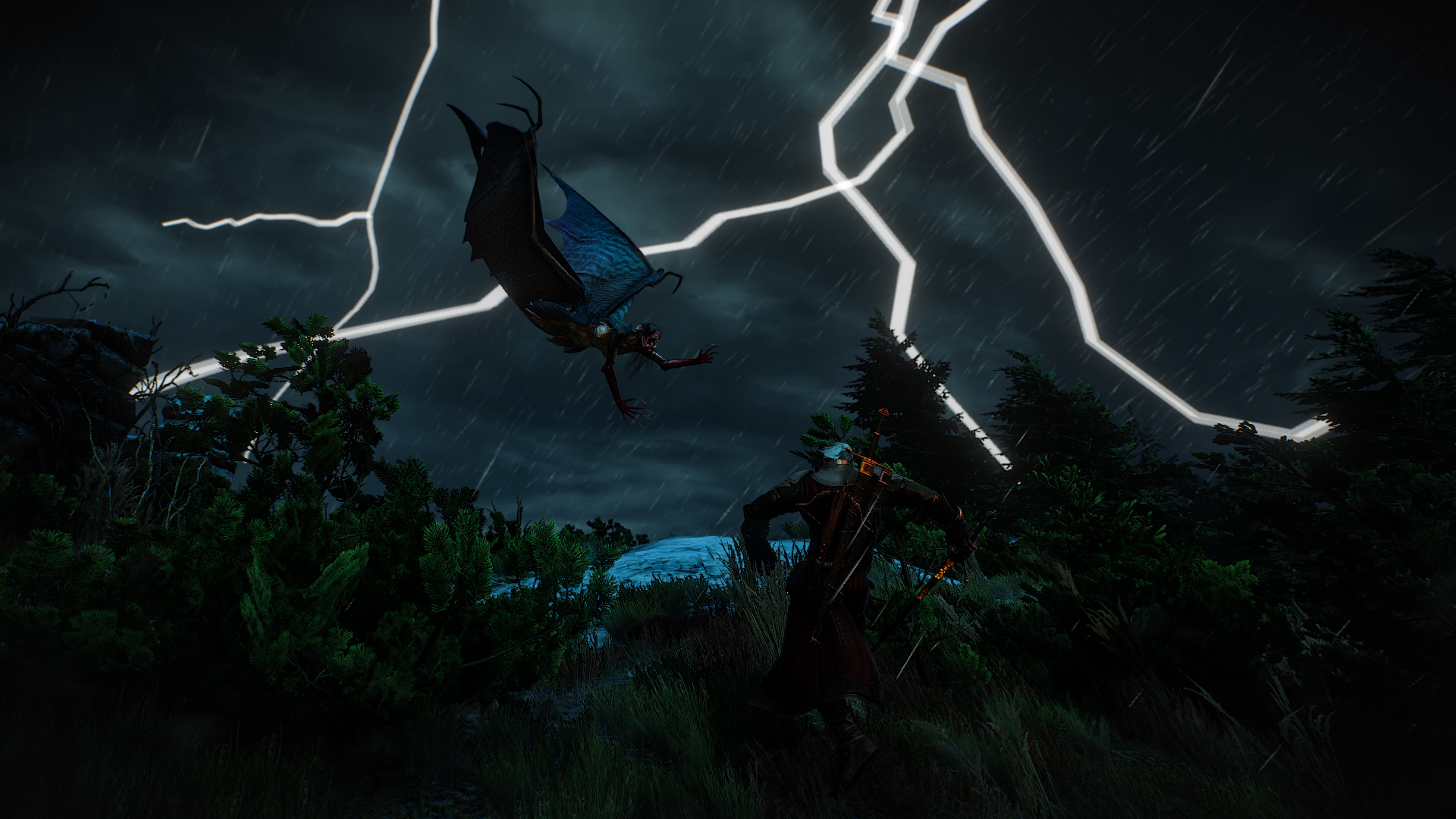 The Witcher 3: Wild Hunt - Monster fight during a thunderstorm HD Wallpaper