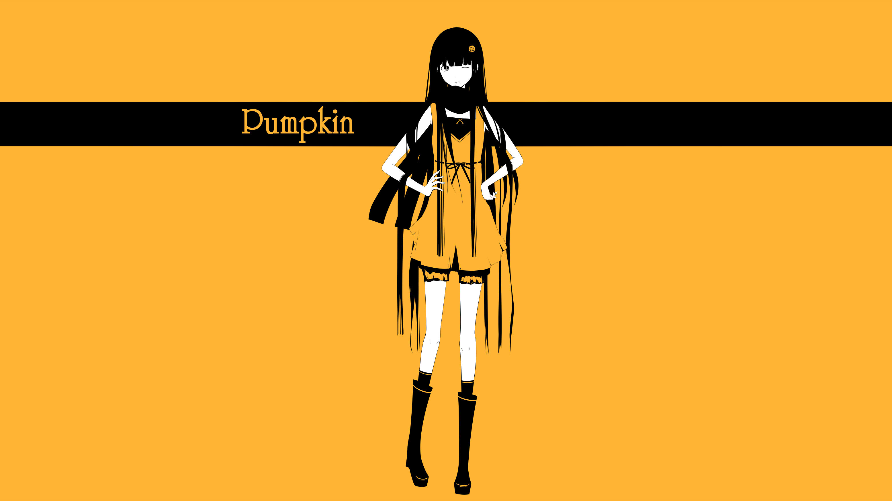 Anime girl with long black hair and orange dress HD Wallpaper