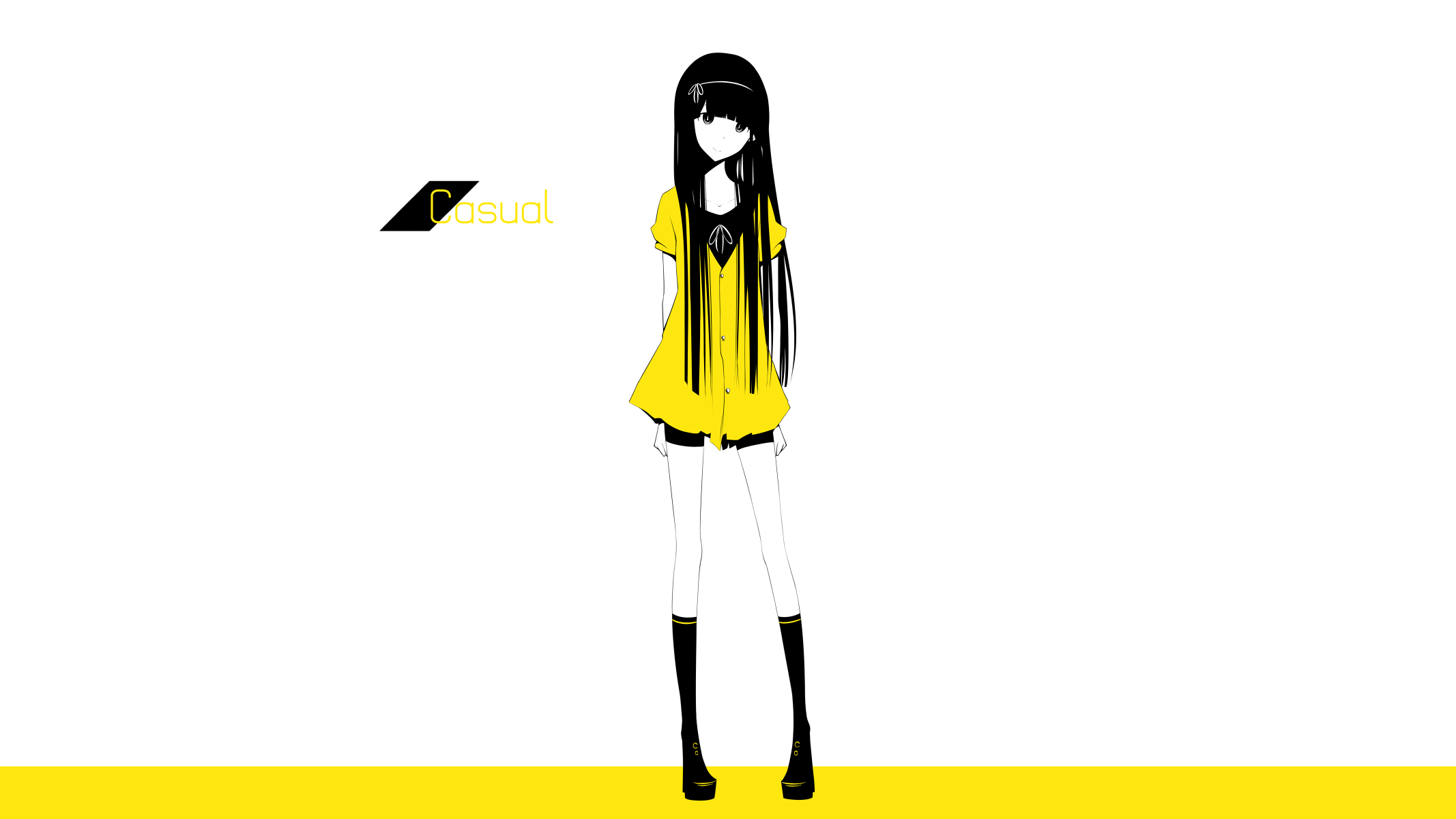 Anime girl with long black hair and yellow dress HD Wallpaper