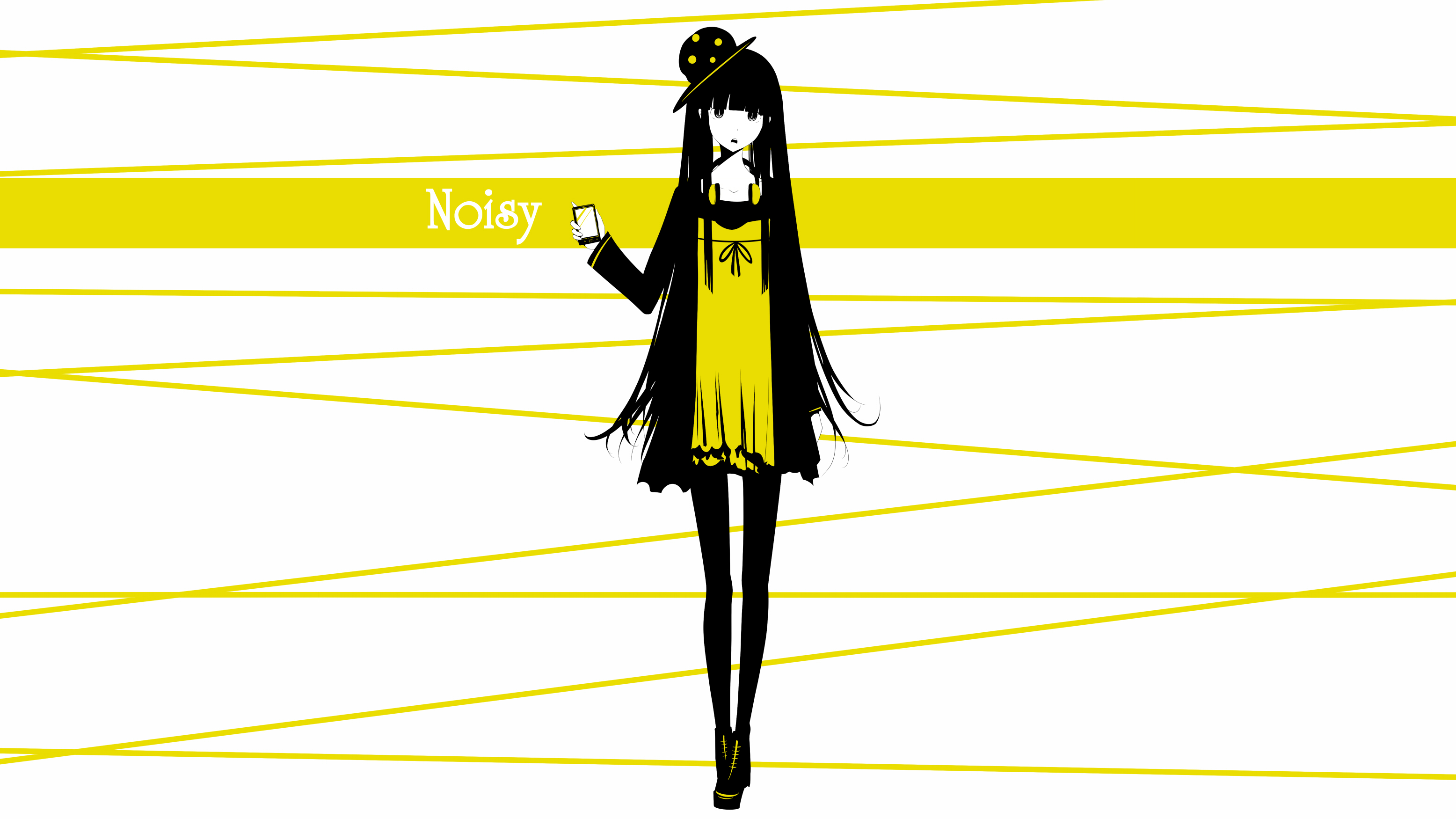 Anime girl with hat and cellphone, yellow and black HD Wallpaper