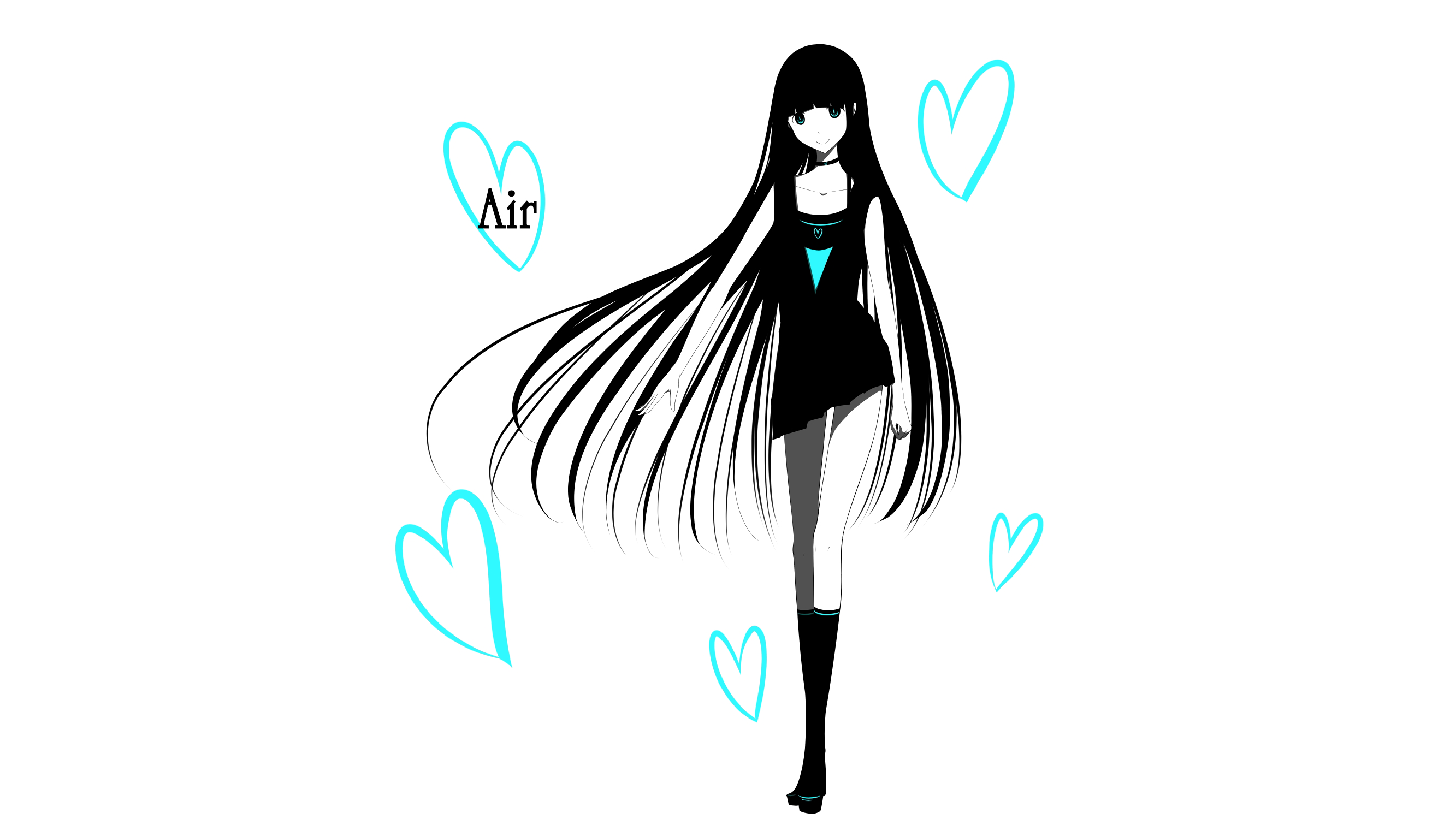 Anime girl with long black hair and blue hearts HD Wallpaper