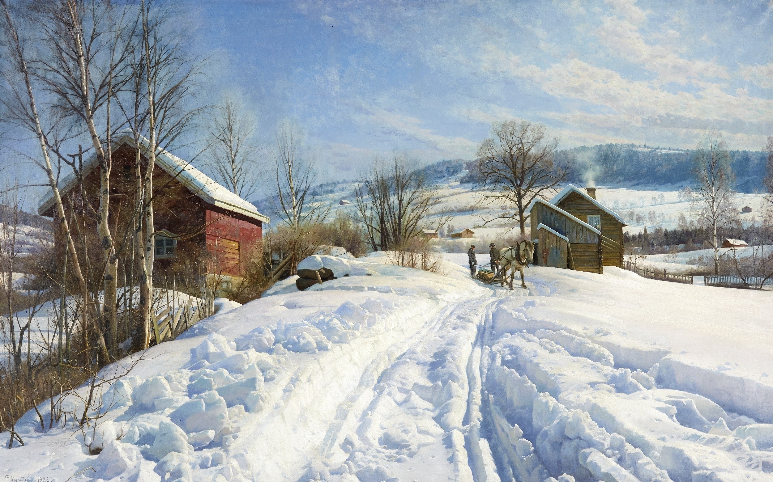 Winter landscape with horse-drawn sleigh and cabins HD Wallpaper
