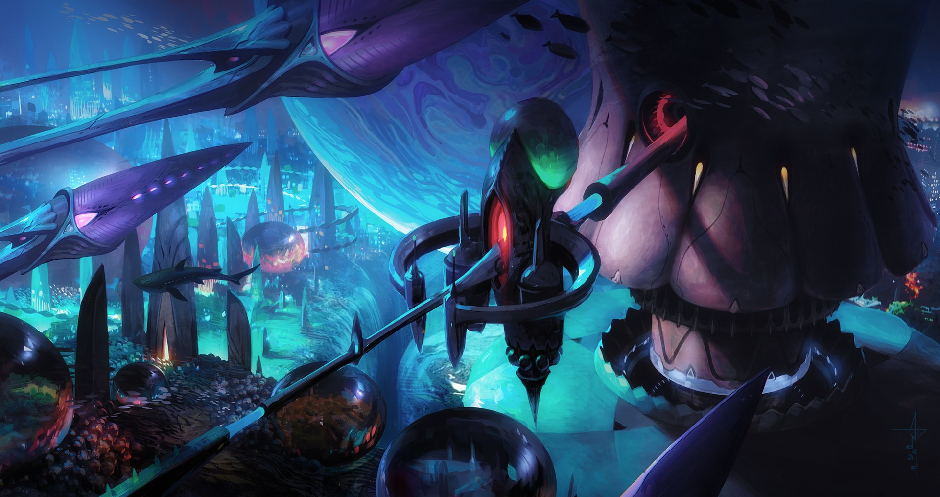Underwater alien city with strange creatures and ships HD Wallpaper