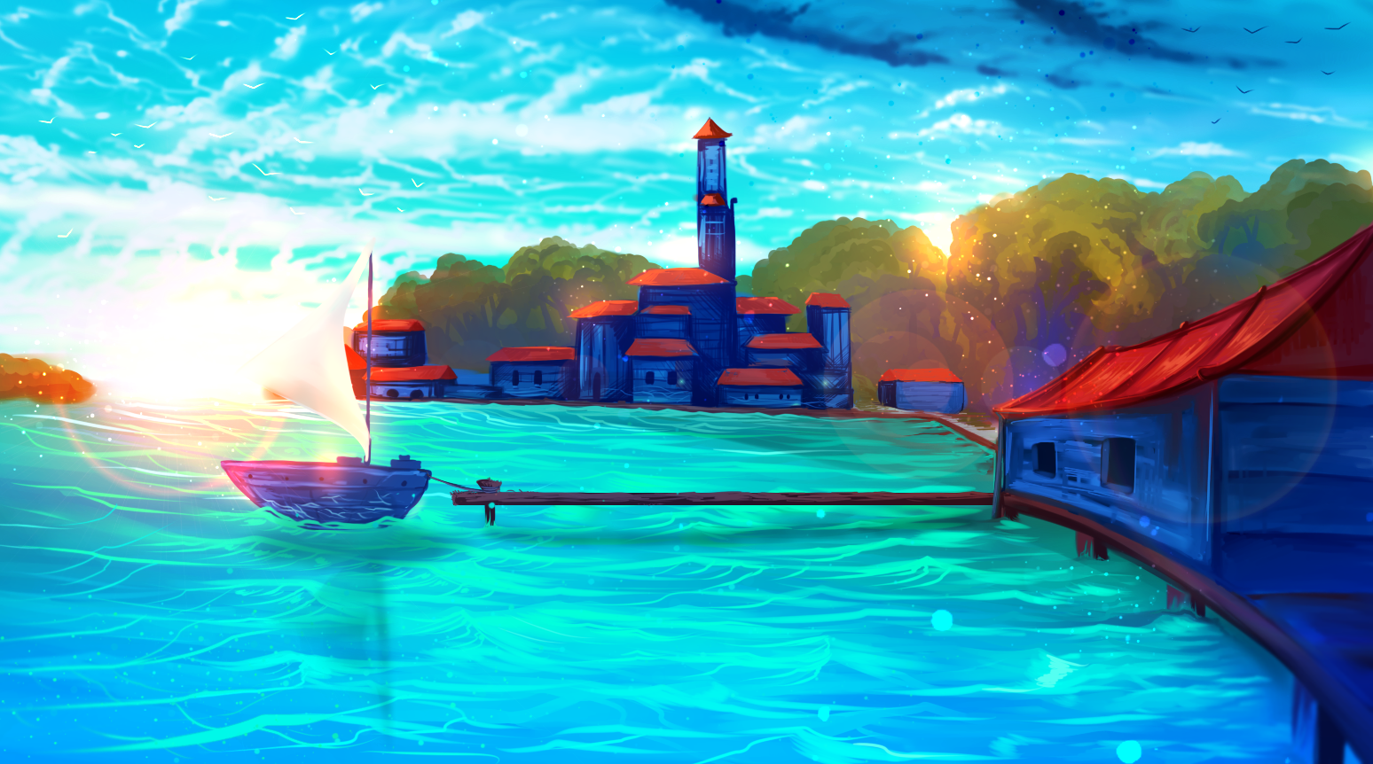 Sailboat near a village with a lighthouse by the sea HD Wallpaper