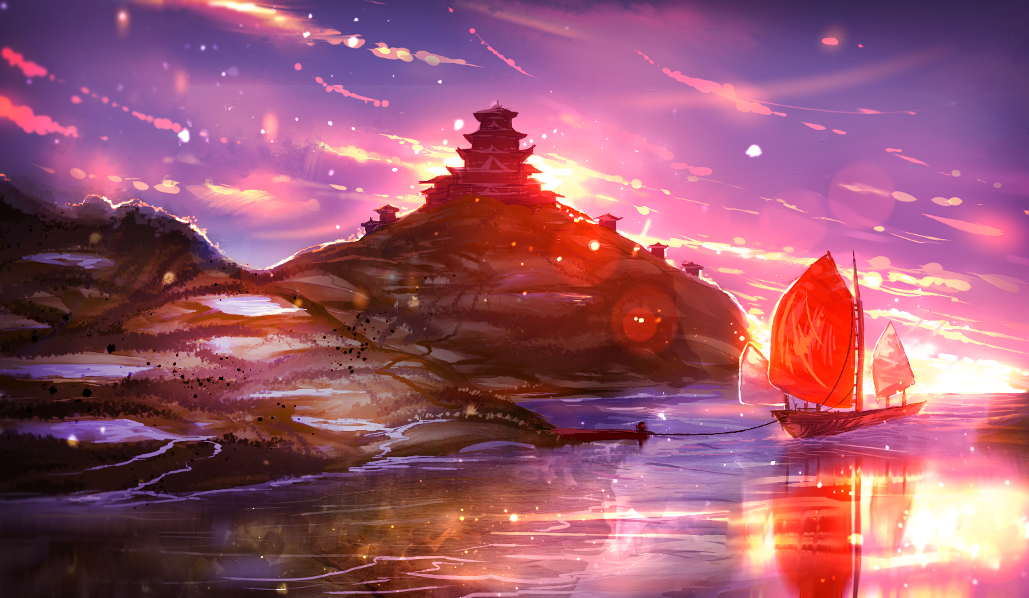 Asian architecture on a hill with boats at sunset HD Wallpaper