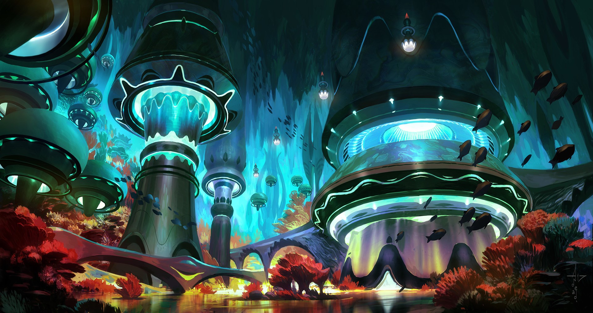 Fantasy underwater city with glowing structures and fish HD Wallpaper