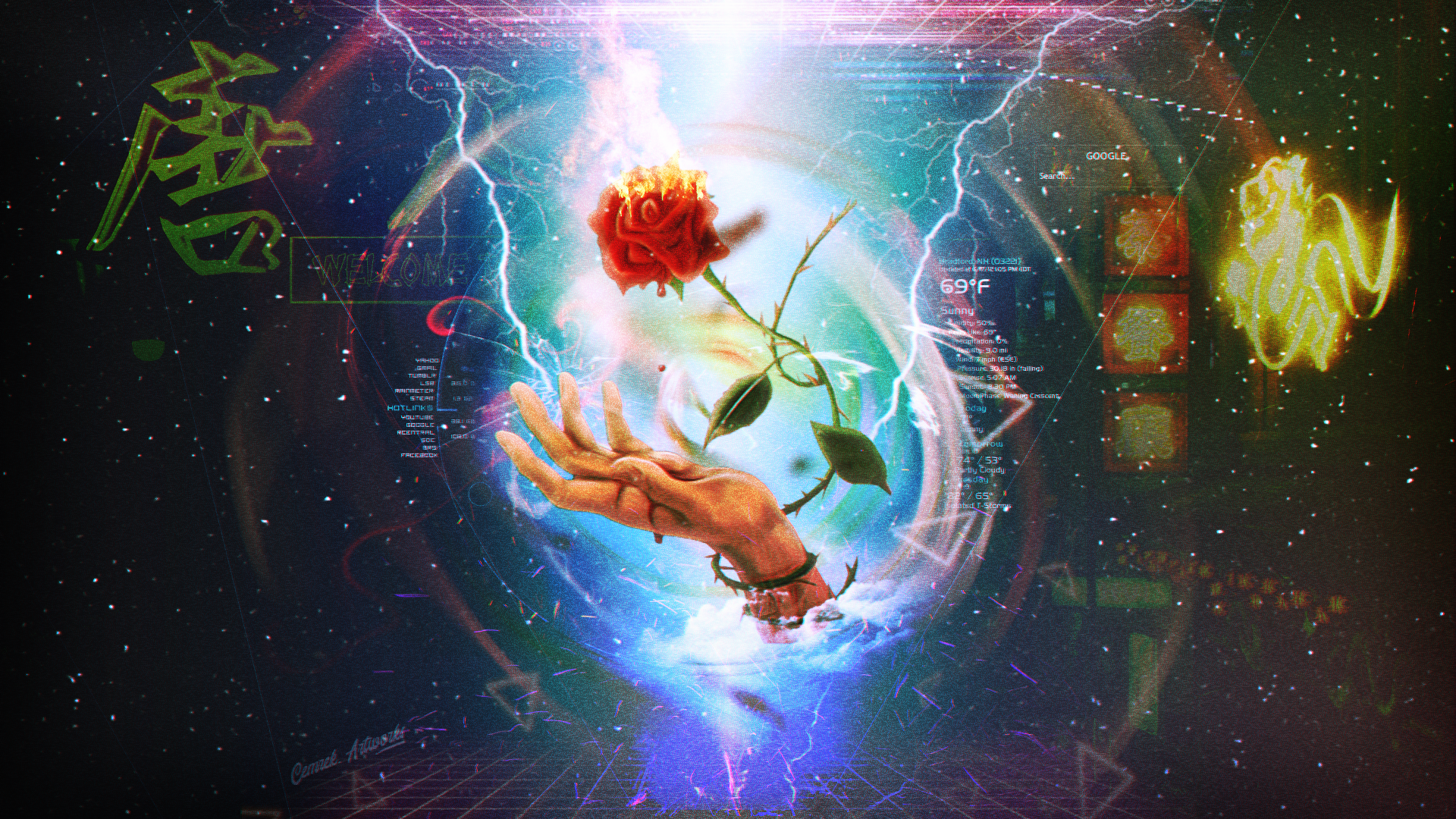 Burning Rose Held by a Hand in a Cosmic Vortex HD Wallpaper