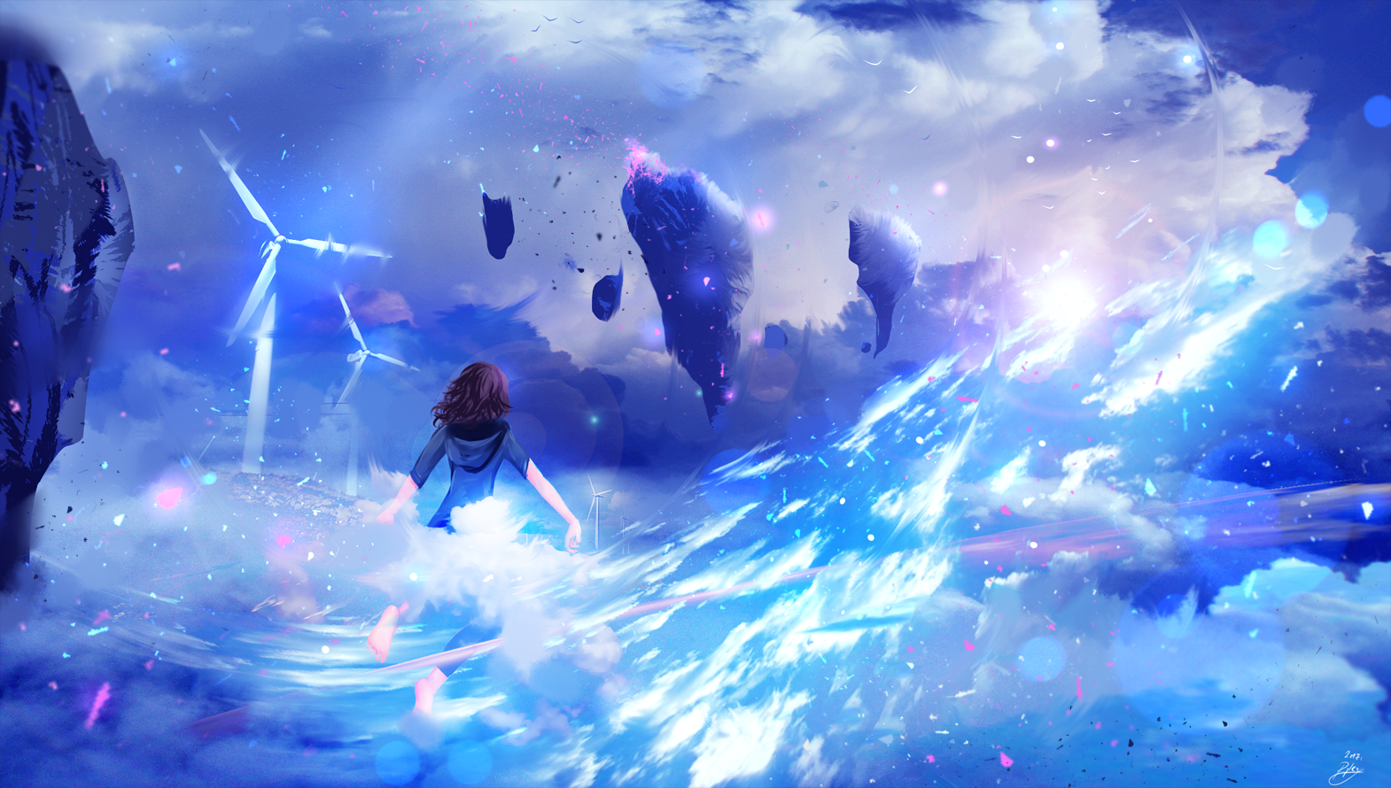 Girl in a cloudy sky with floating islands and windmills HD Wallpaper