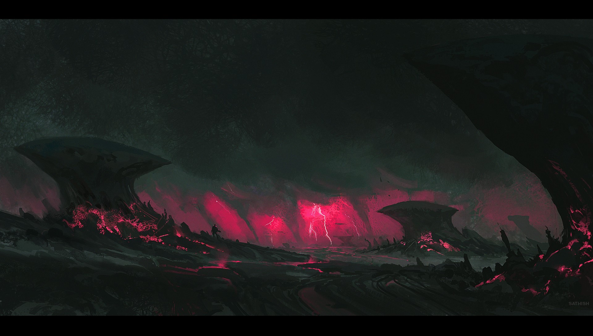 Alien landscape with glowing red lightning and mushroom-like structures HD Wallpaper