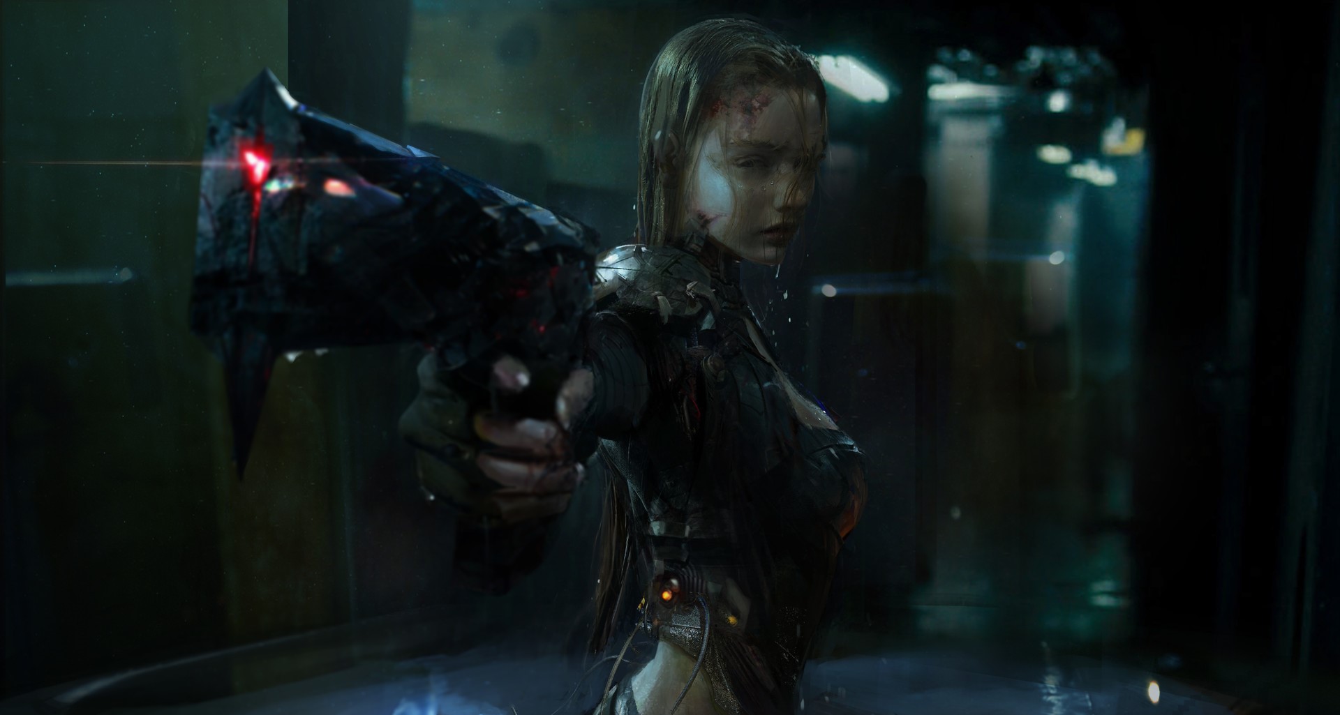 Cyborg woman holding a futuristic gun HD Wallpaper