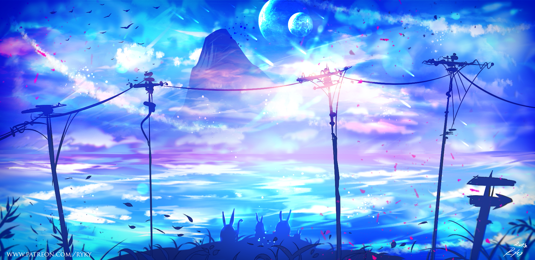 Fantasy landscape with mountains and power lines HD Wallpaper