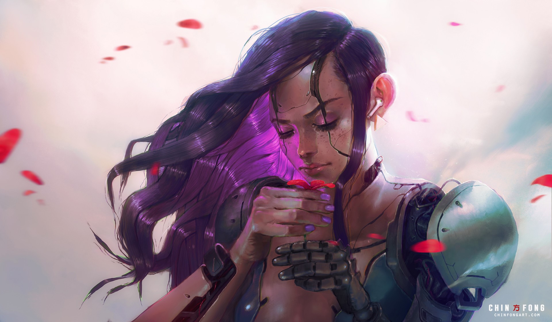 Cyberpunk cyborg woman with purple hair smelling a rose HD Wallpaper