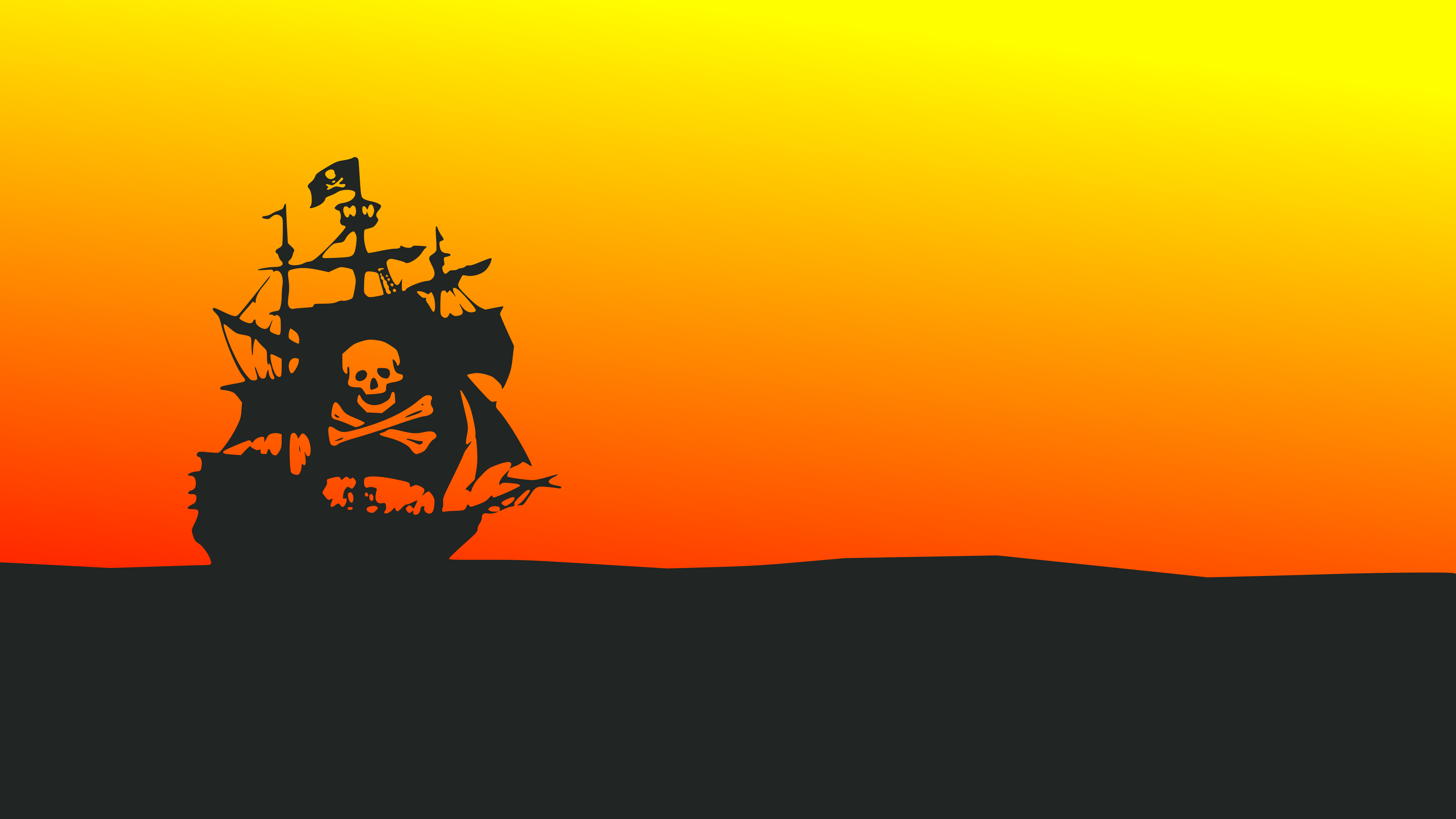 Pirate ship with Jolly Roger flag sailing at sunset HD Wallpaper