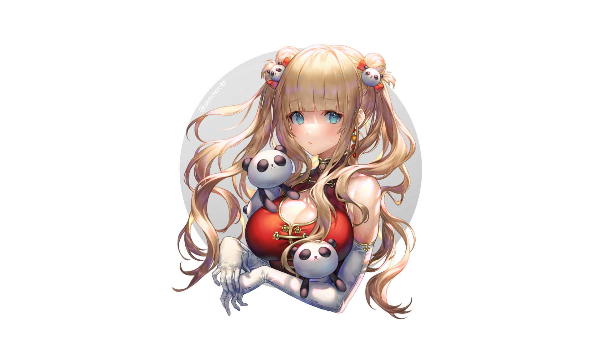 Anime girl with blonde pigtails and panda plushies HD Wallpaper