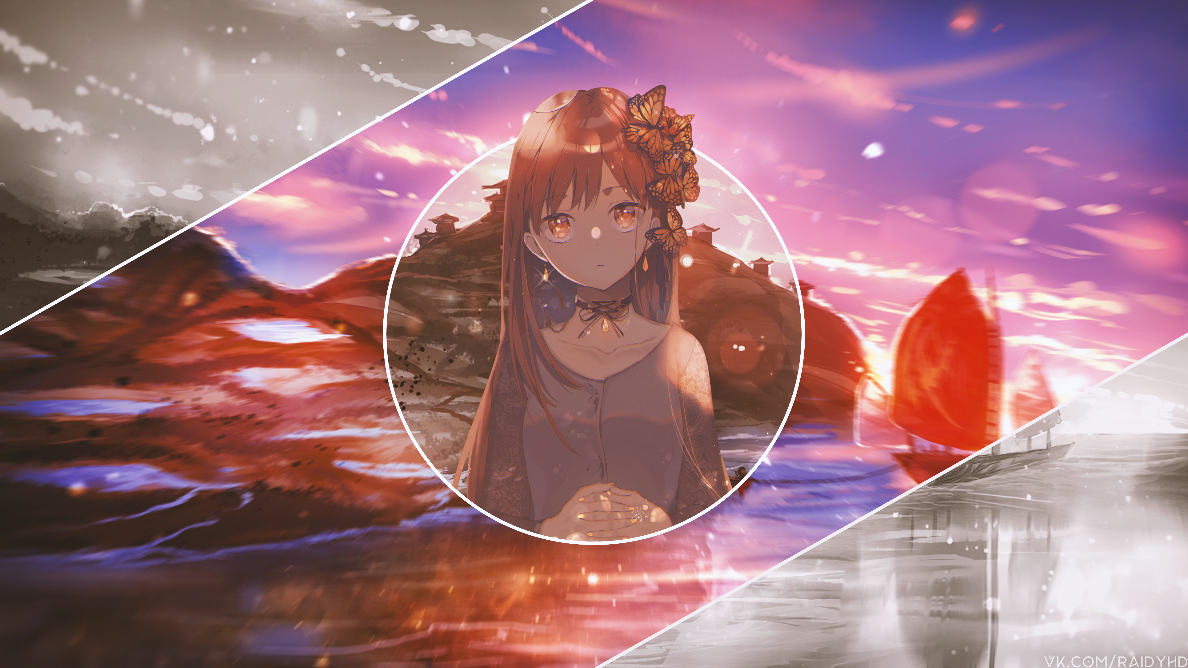 Anime girl with butterflies on a hill at sunset HD Wallpaper