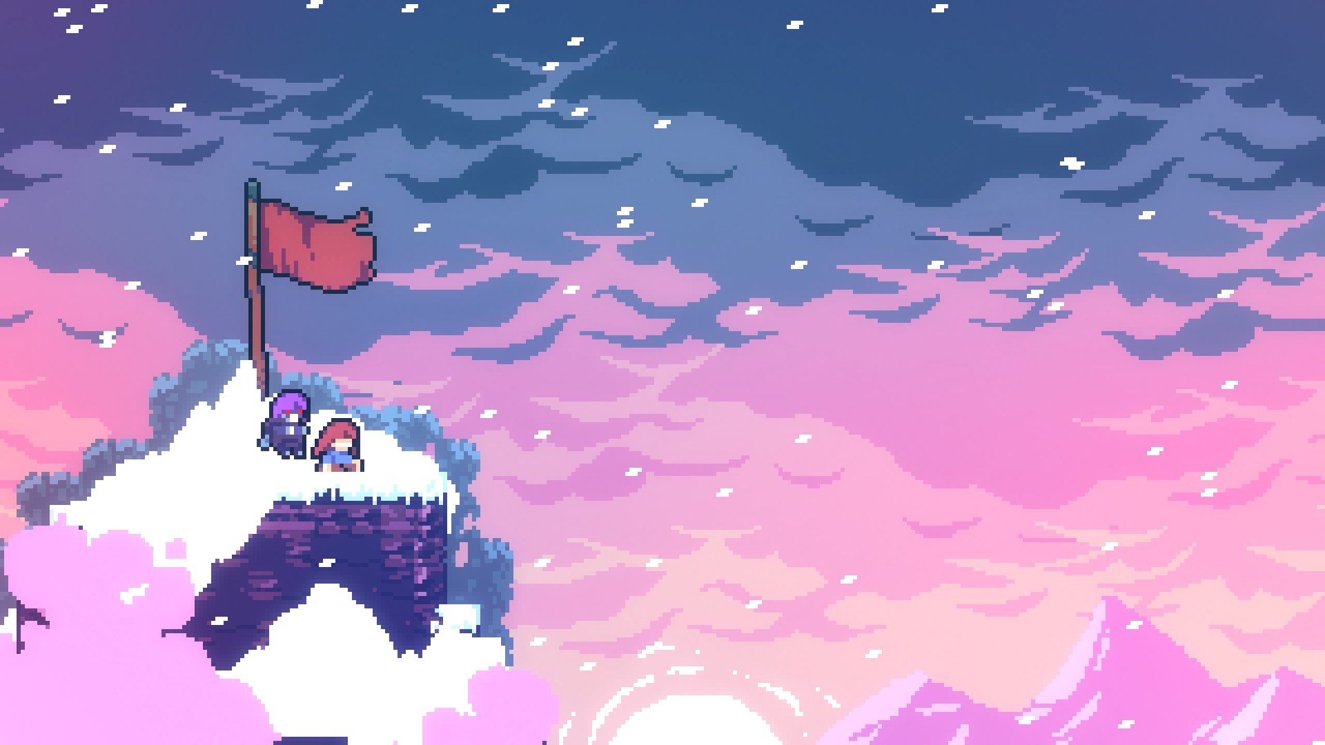 Madeline and Badeline from Celeste on a snowy mountain peak HD Wallpaper