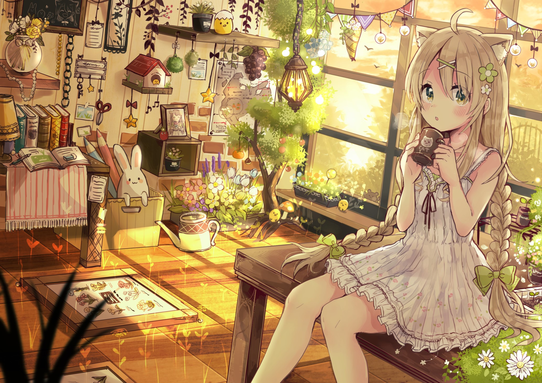 Anime girl with cat ears drinking from a mug HD Wallpaper