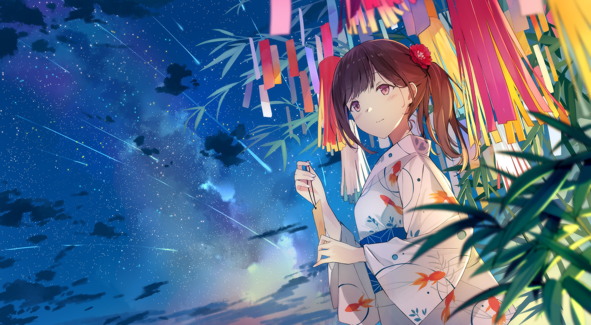 Anime girl in kimono under starry sky with shooting stars HD Wallpaper