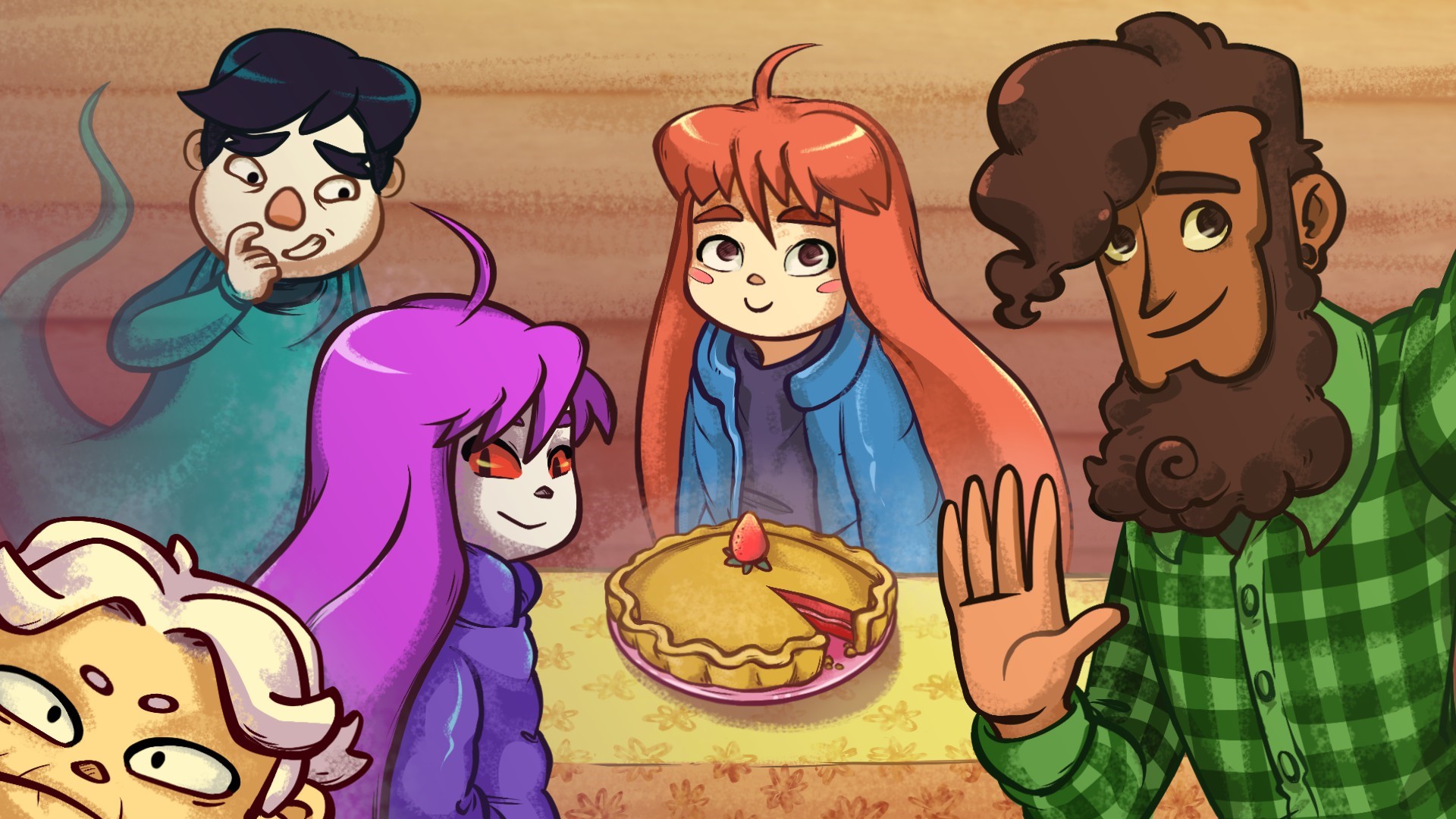 Madeline and friends with a pie from Celeste HD Wallpaper