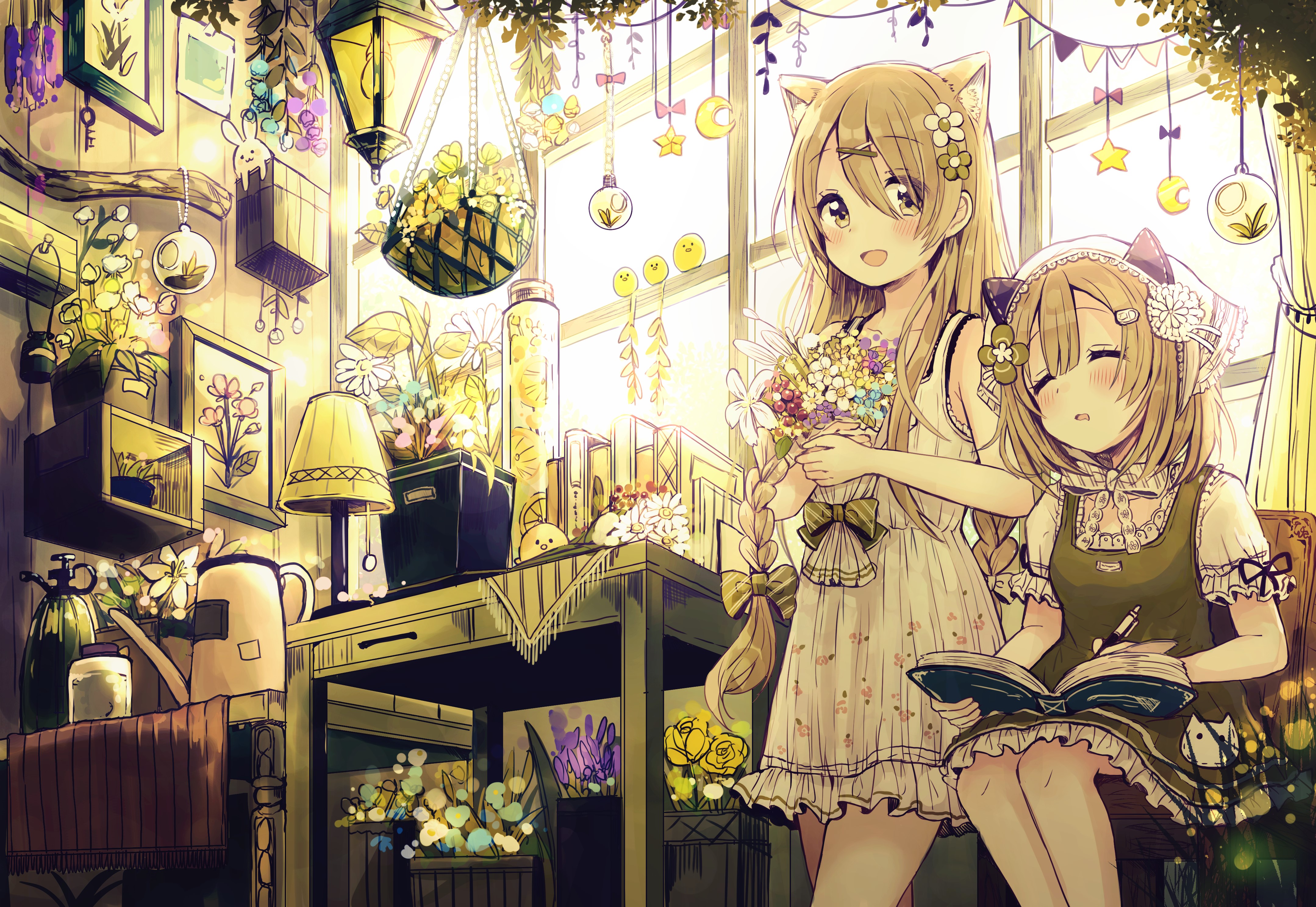 Anime girls with flowers and lamps indoors HD Wallpaper