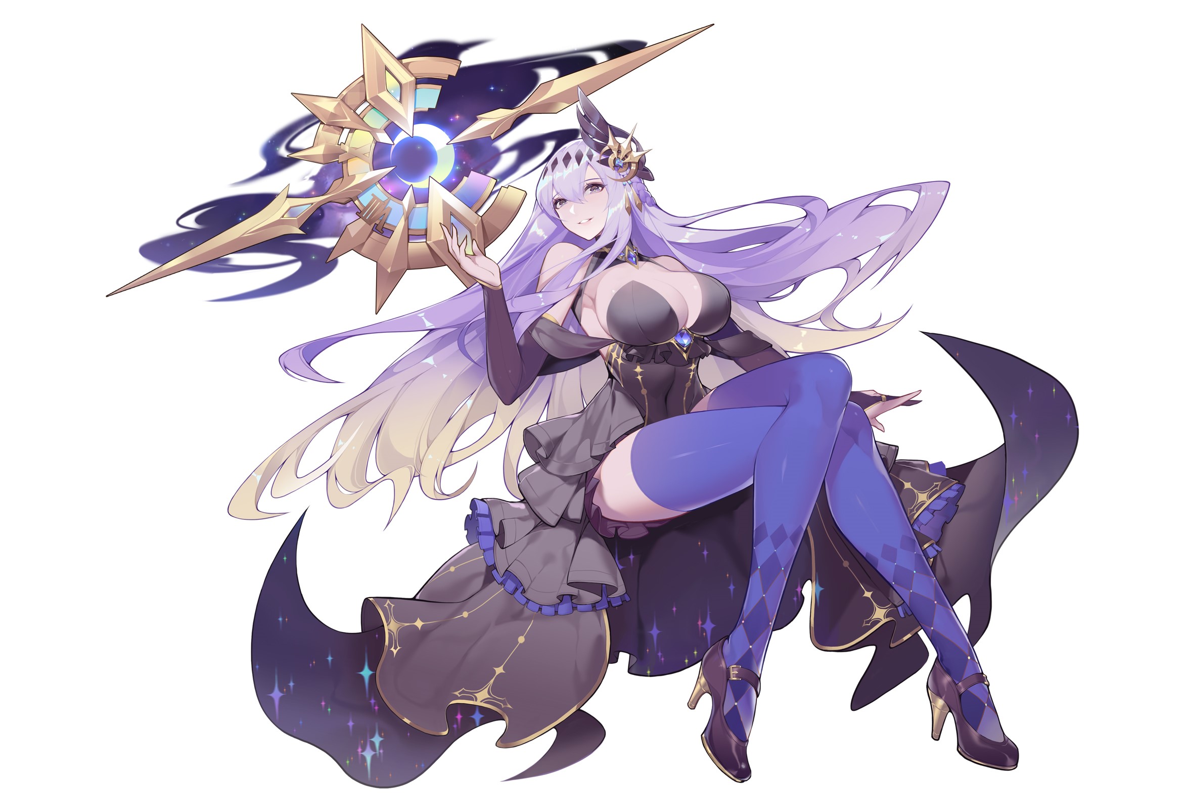 Anime girl with purple hair holding a cosmic staff HD Wallpaper