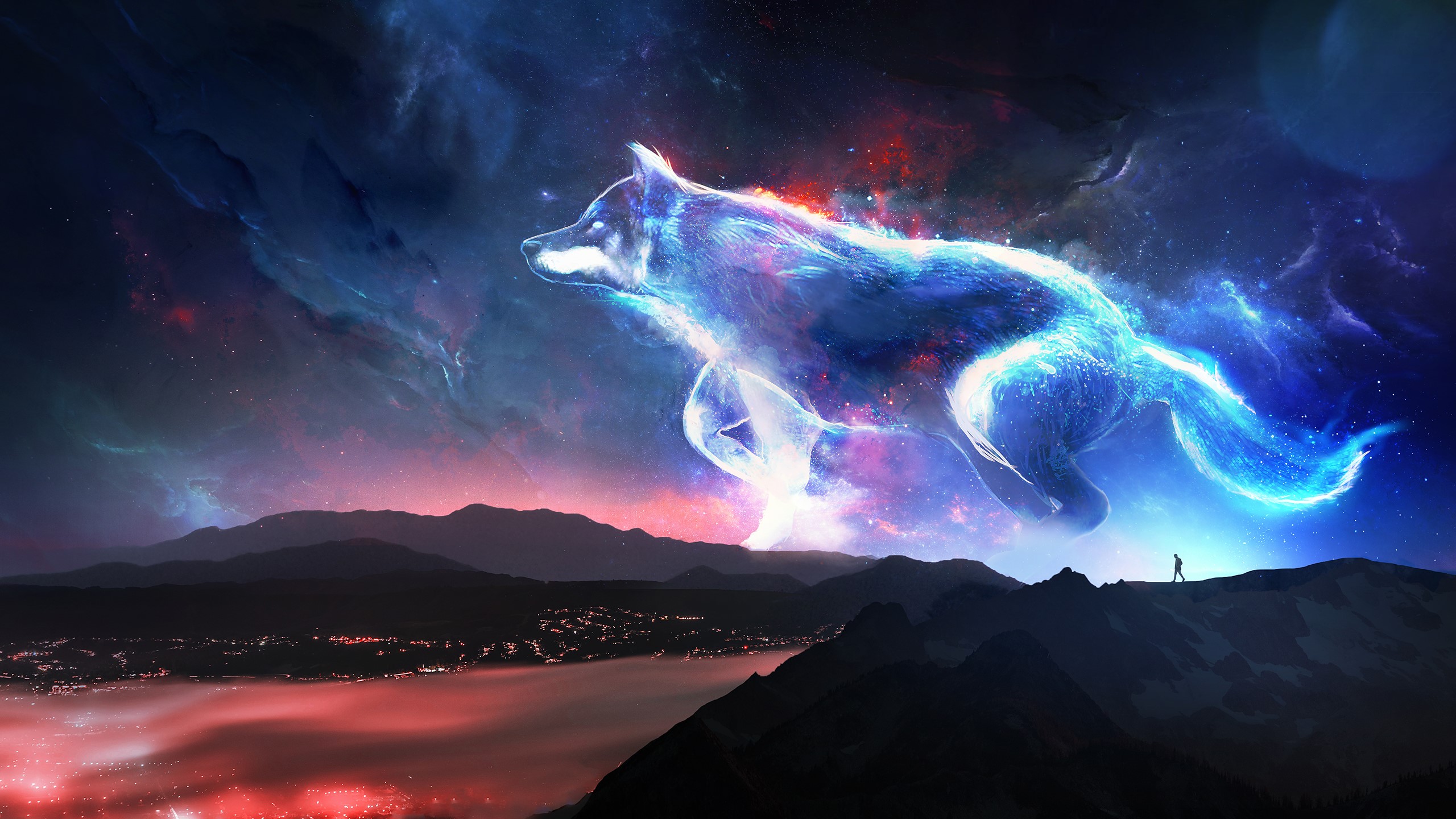 Cosmic wolf over mountains and city HD Wallpaper