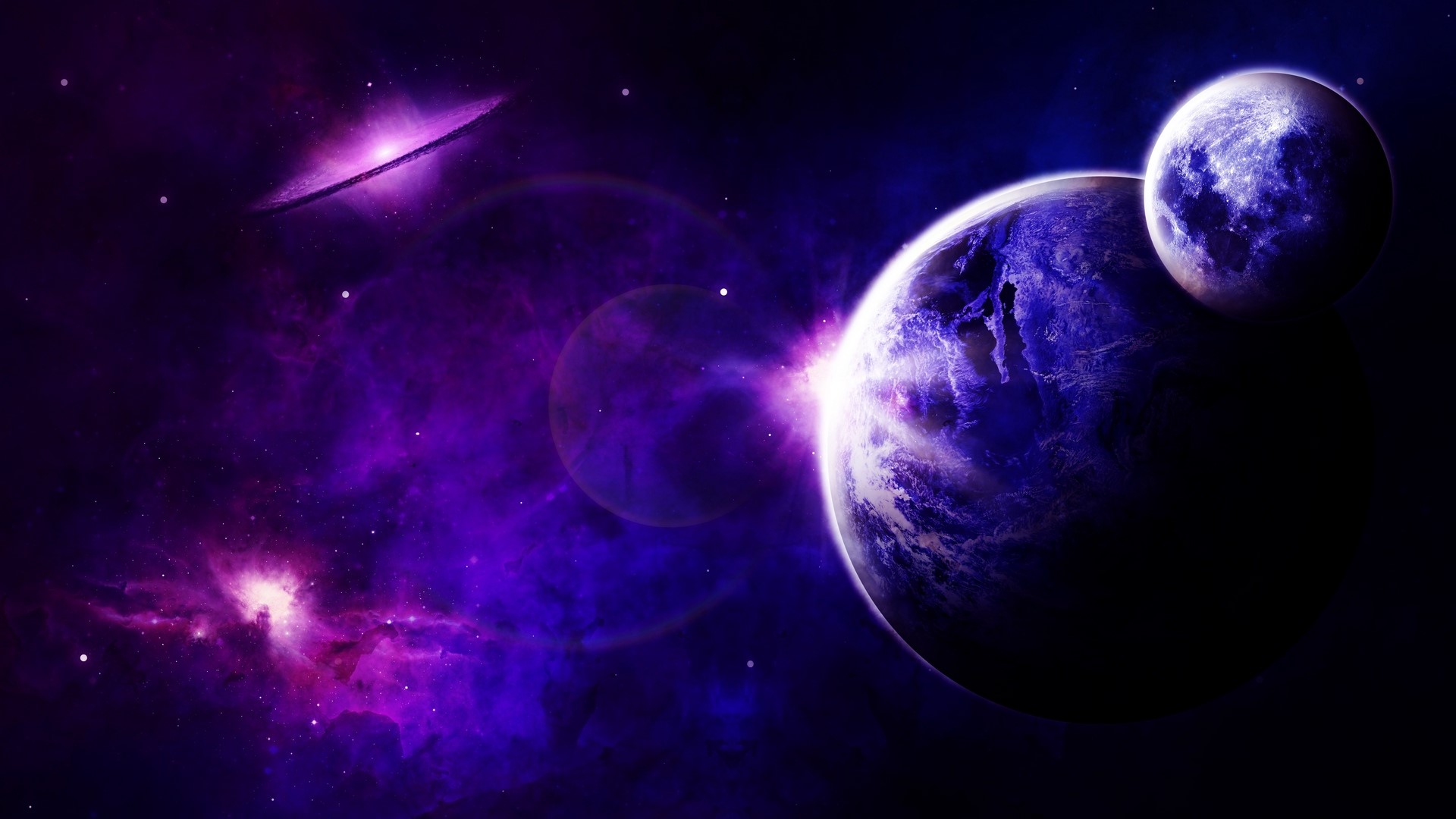 Purple planets and galaxy in deep space HD Wallpaper