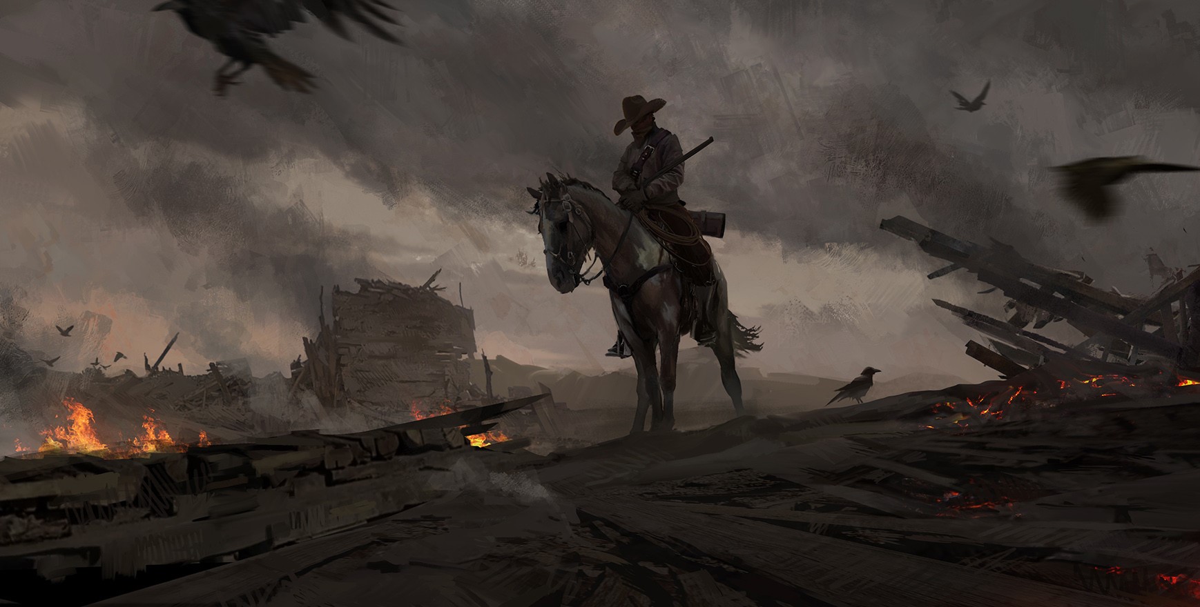 Cowboy on horseback in a desolate, burning town with crows HD Wallpaper