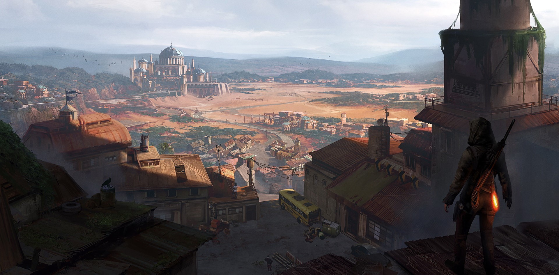 Adventurer overlooking a desert city with ancient architecture HD Wallpaper