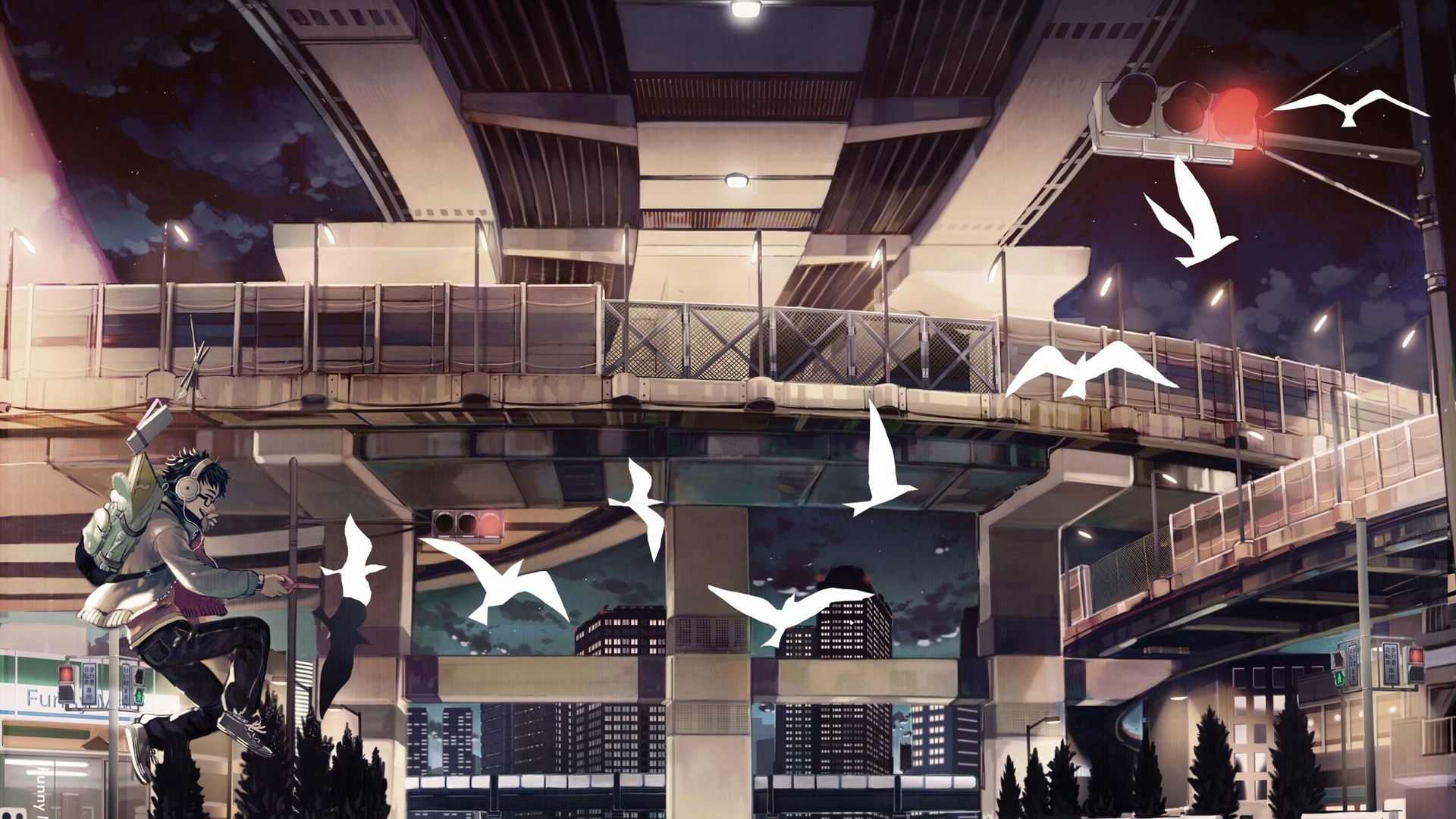 Anime boy with headphones under a highway overpass at night with birds HD Wallpaper