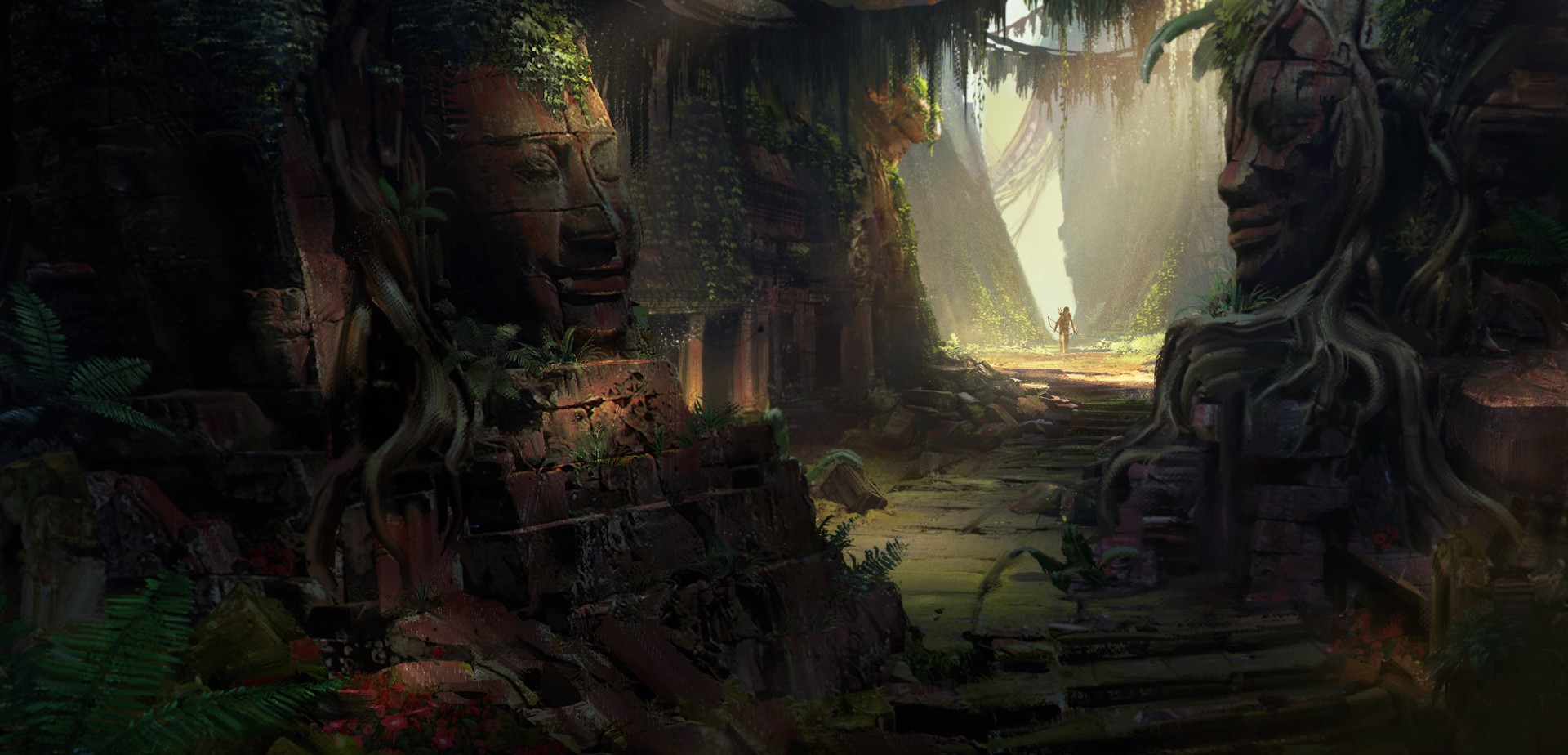 Adventurers in ancient jungle ruins with stone faces HD Wallpaper