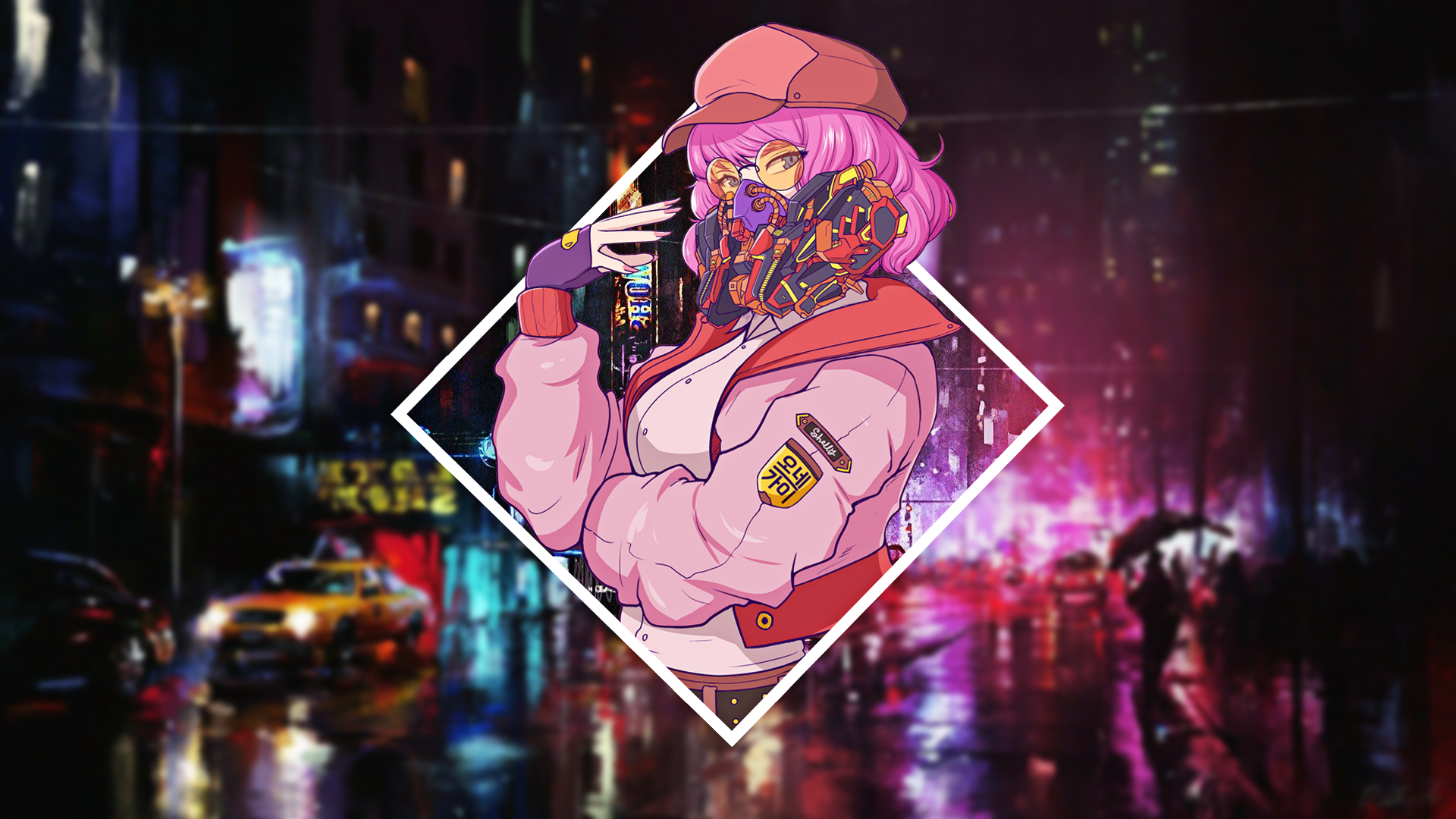 Anime girl with pink hair and mask in a city HD Wallpaper