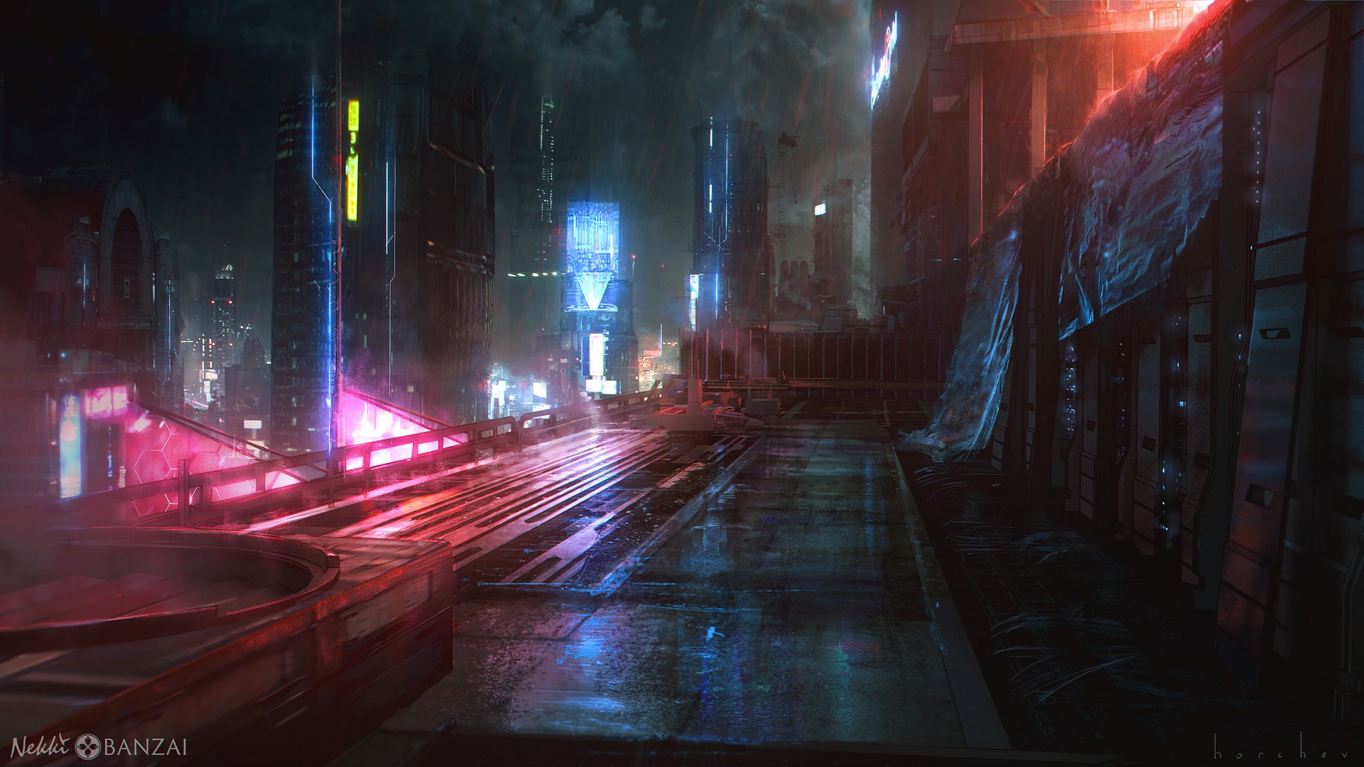 Cyberpunk city street at night with neon lights HD Wallpaper