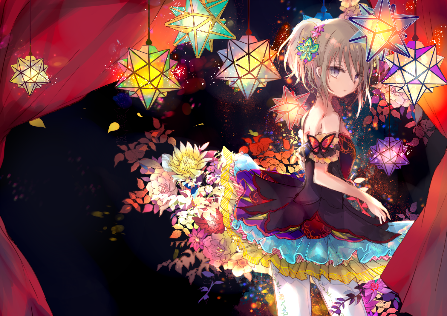 Anime girl with flowers and star lanterns HD Wallpaper