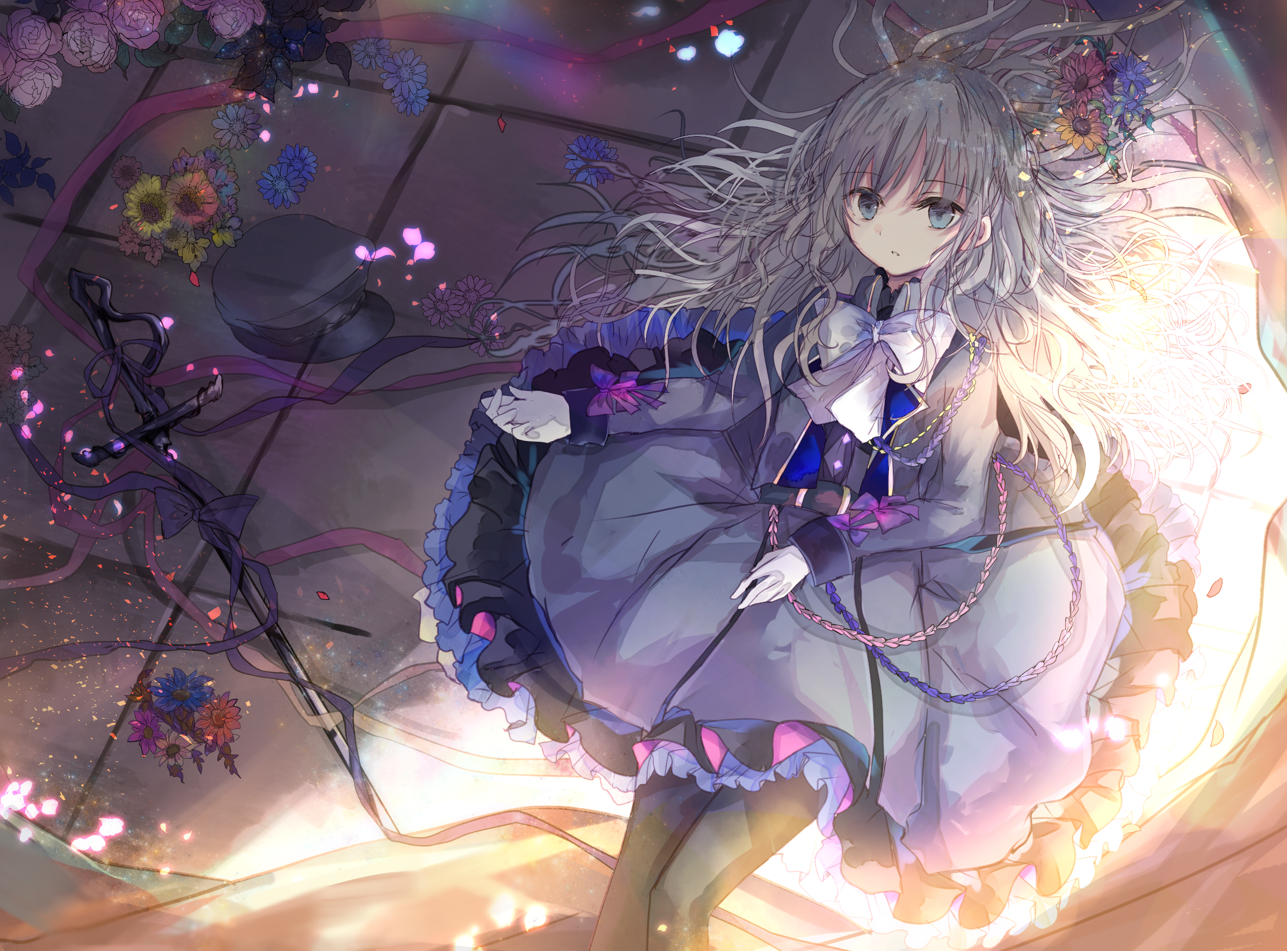 Anime girl with flowers and a sword HD Wallpaper