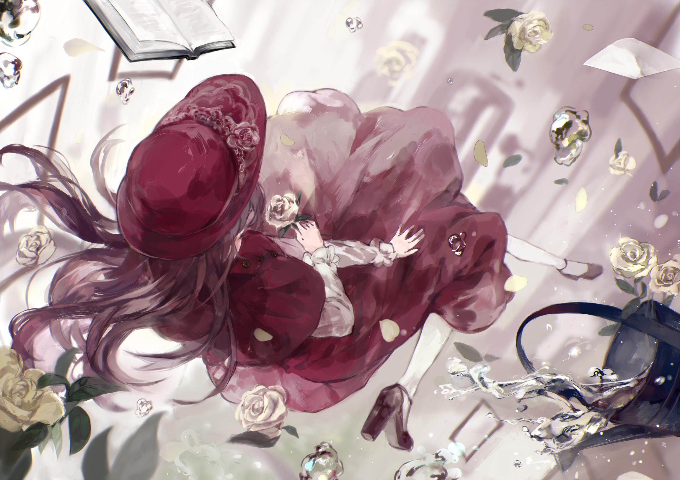 Anime girl in red hat and dress with roses HD Wallpaper